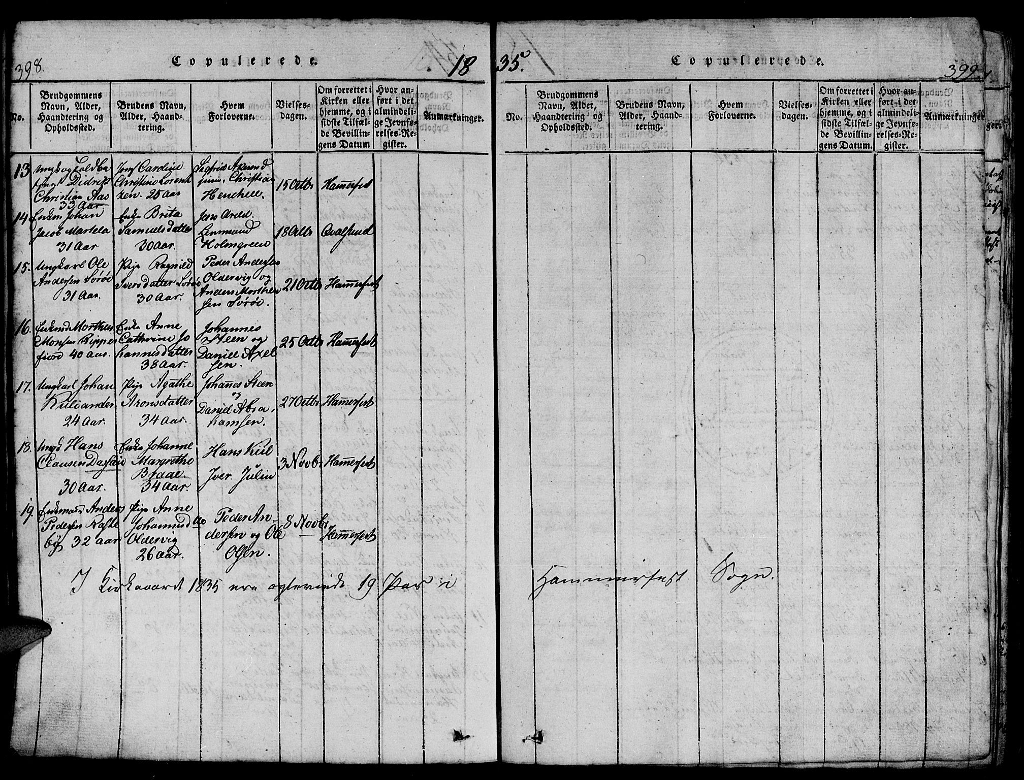 Hammerfest sokneprestkontor, AV/SATØ-S-1347/H/Hb/L0001.klokk: Parish register (copy) no. 1, 1822-1850, p. 398-399