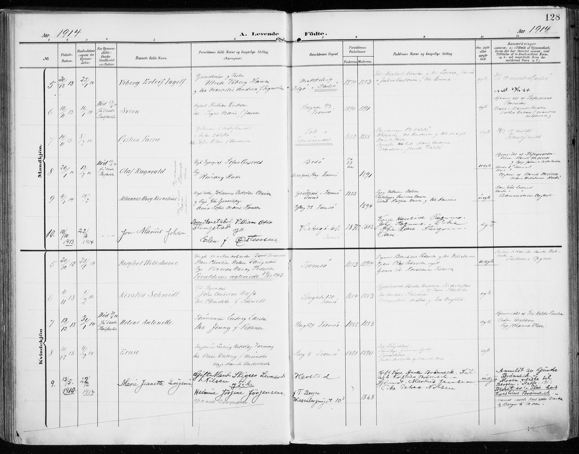 Tromsø sokneprestkontor/stiftsprosti/domprosti, AV/SATØ-S-1343/G/Ga/L0017kirke: Parish register (official) no. 17, 1907-1917, p. 128