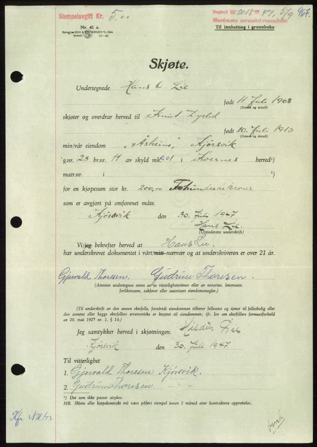 Nordmøre sorenskriveri, AV/SAT-A-4132/1/2/2Ca: Mortgage book no. A105, 1947-1947, Diary no: : 2018/1947