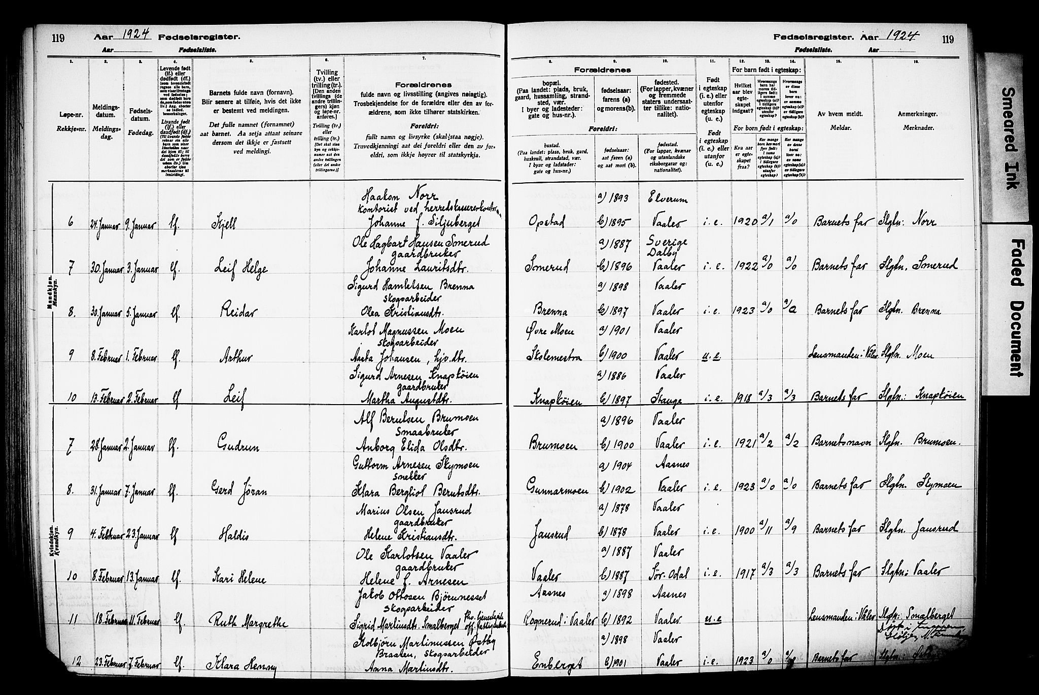 Våler prestekontor, Hedmark, AV/SAH-PREST-040/I/Id/L0001: Birth register no. 1, 1916-1930, p. 119