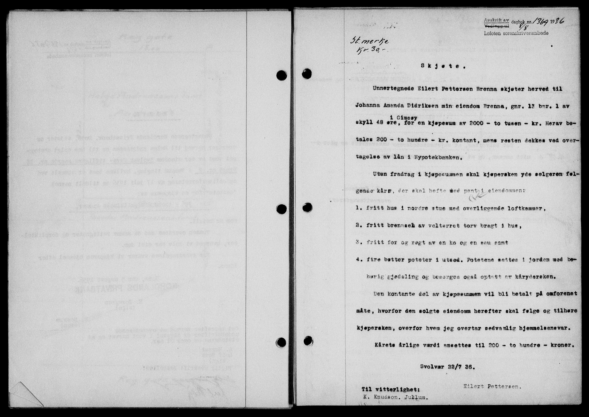 Lofoten sorenskriveri, SAT/A-0017/1/2/2C/L0001a: Mortgage book no. 1a, 1936-1937, Diary no: : 1369/1936