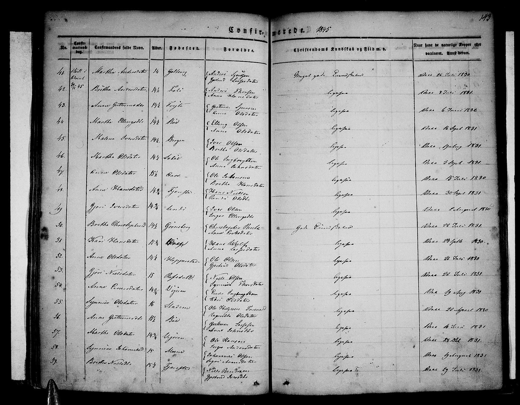 Vik sokneprestembete, SAB/A-81501: Parish register (official) no. A 7, 1831-1845, p. 143