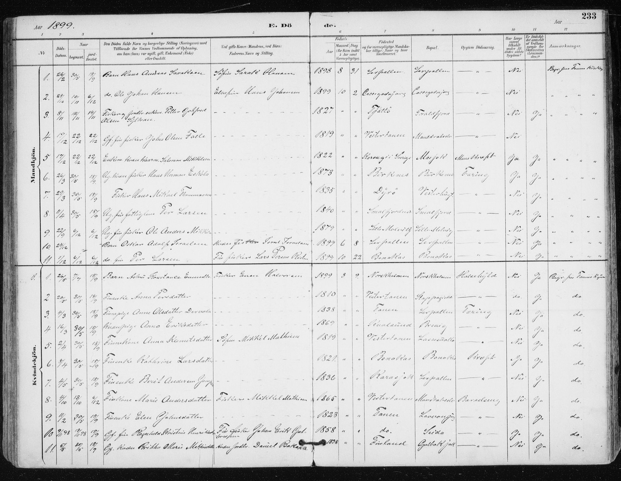 Tana sokneprestkontor, AV/SATØ-S-1334/H/Ha/L0005kirke: Parish register (official) no. 5, 1891-1903, p. 233