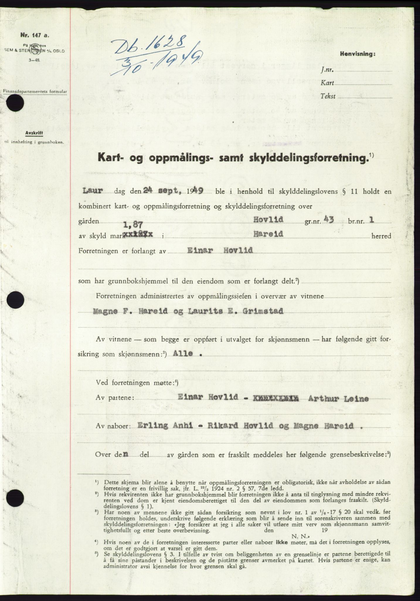 Søre Sunnmøre sorenskriveri, AV/SAT-A-4122/1/2/2C/L0085: Mortgage book no. 11A, 1949-1949, Diary no: : 1628/1949