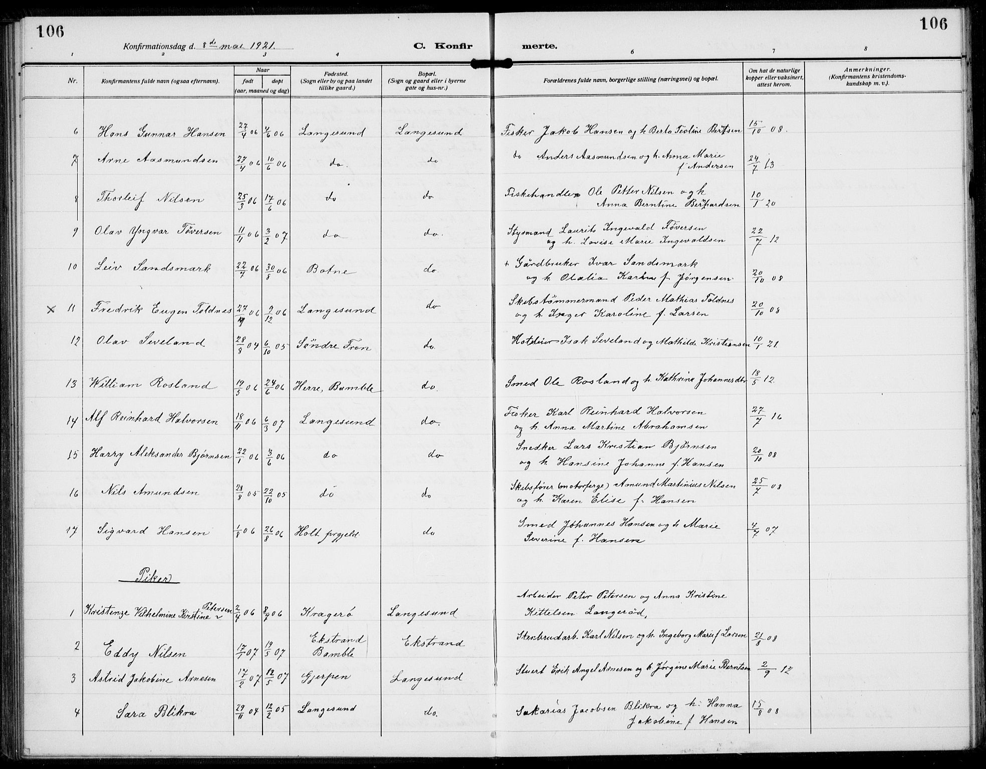 Langesund kirkebøker, AV/SAKO-A-280/G/Ga/L0007: Parish register (copy) no. 7, 1919-1939, p. 106