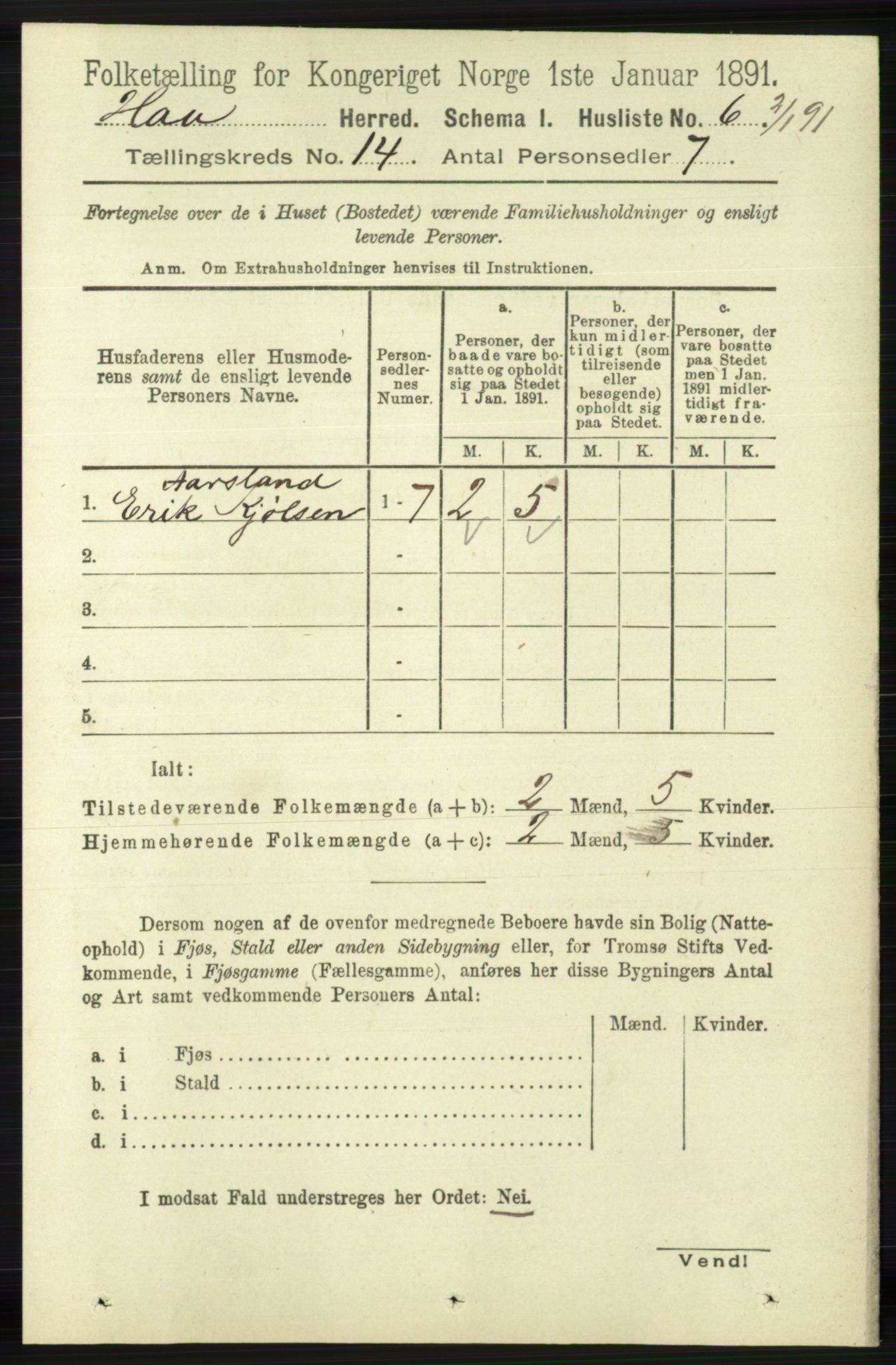 RA, 1891 census for 1119 Hå, 1891, p. 3326