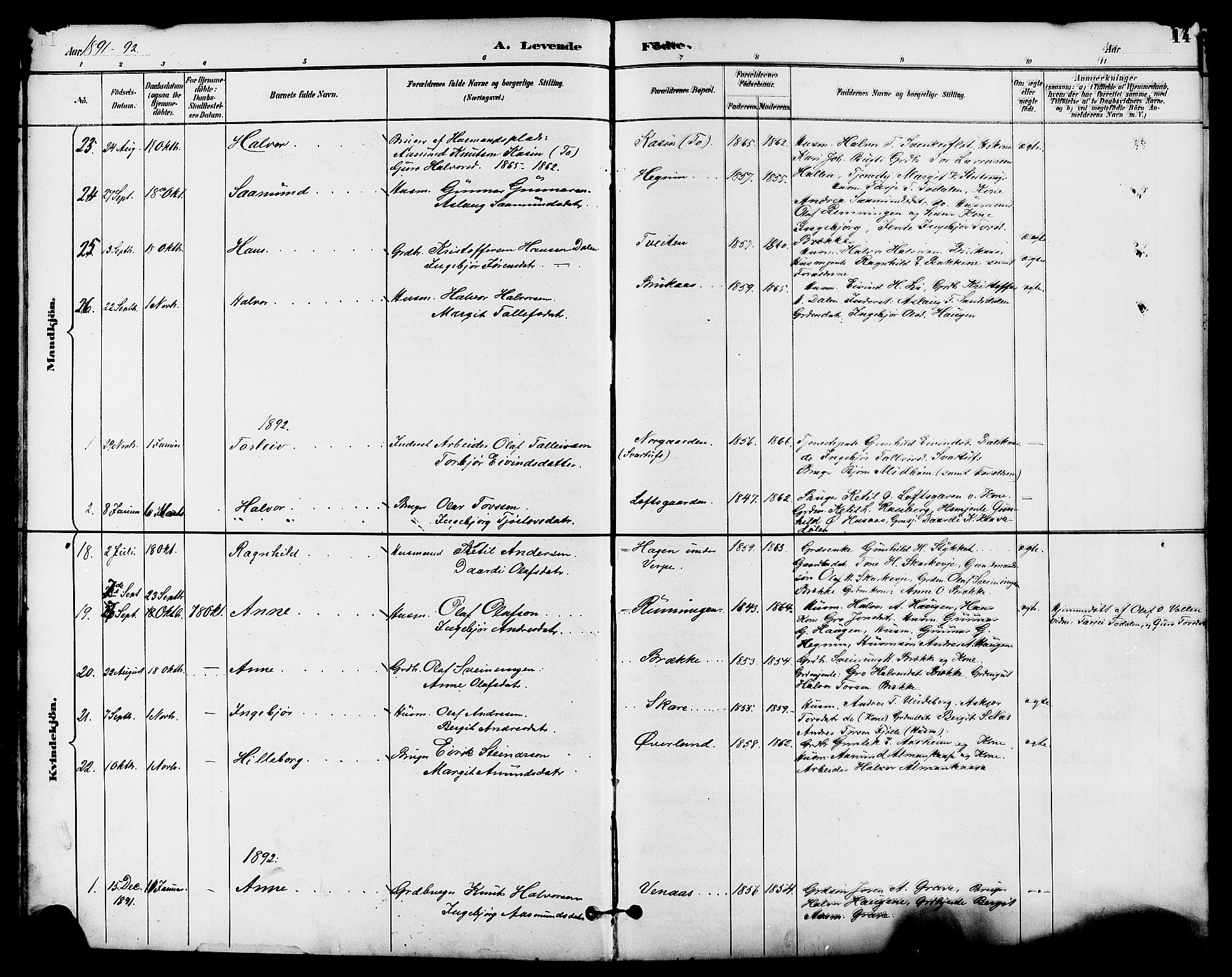 Seljord kirkebøker, SAKO/A-20/G/Ga/L0005: Parish register (copy) no. I 5, 1887-1914, p. 14