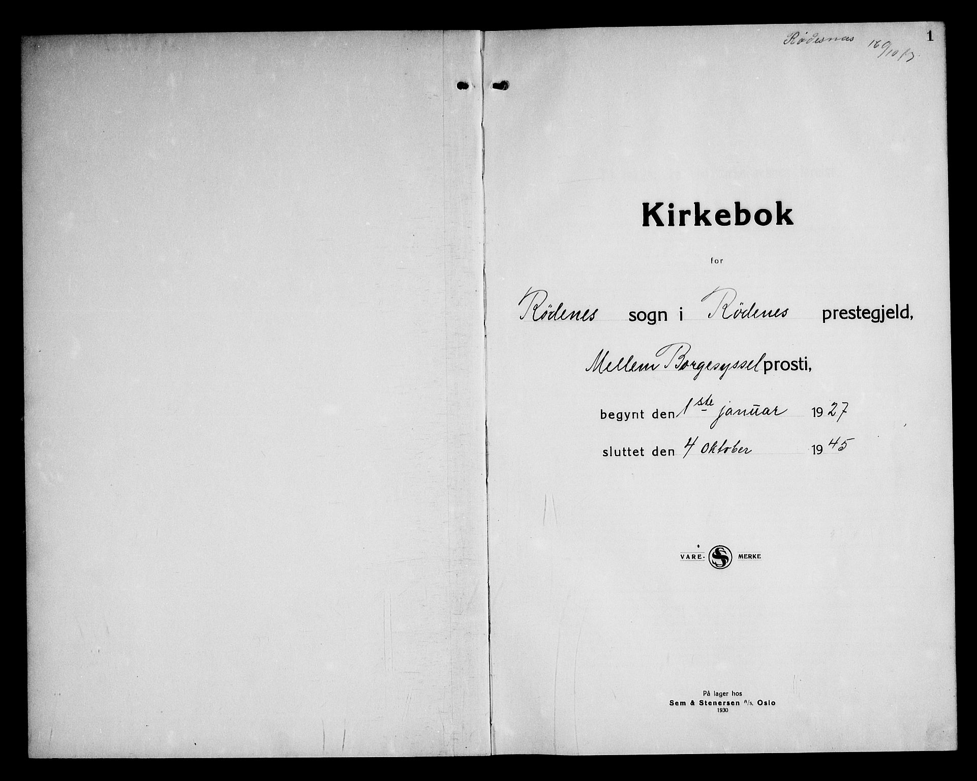 Rødenes prestekontor Kirkebøker, AV/SAO-A-2005/G/Ga/L0004: Parish register (copy) no. I 4, 1927-1946, p. 1