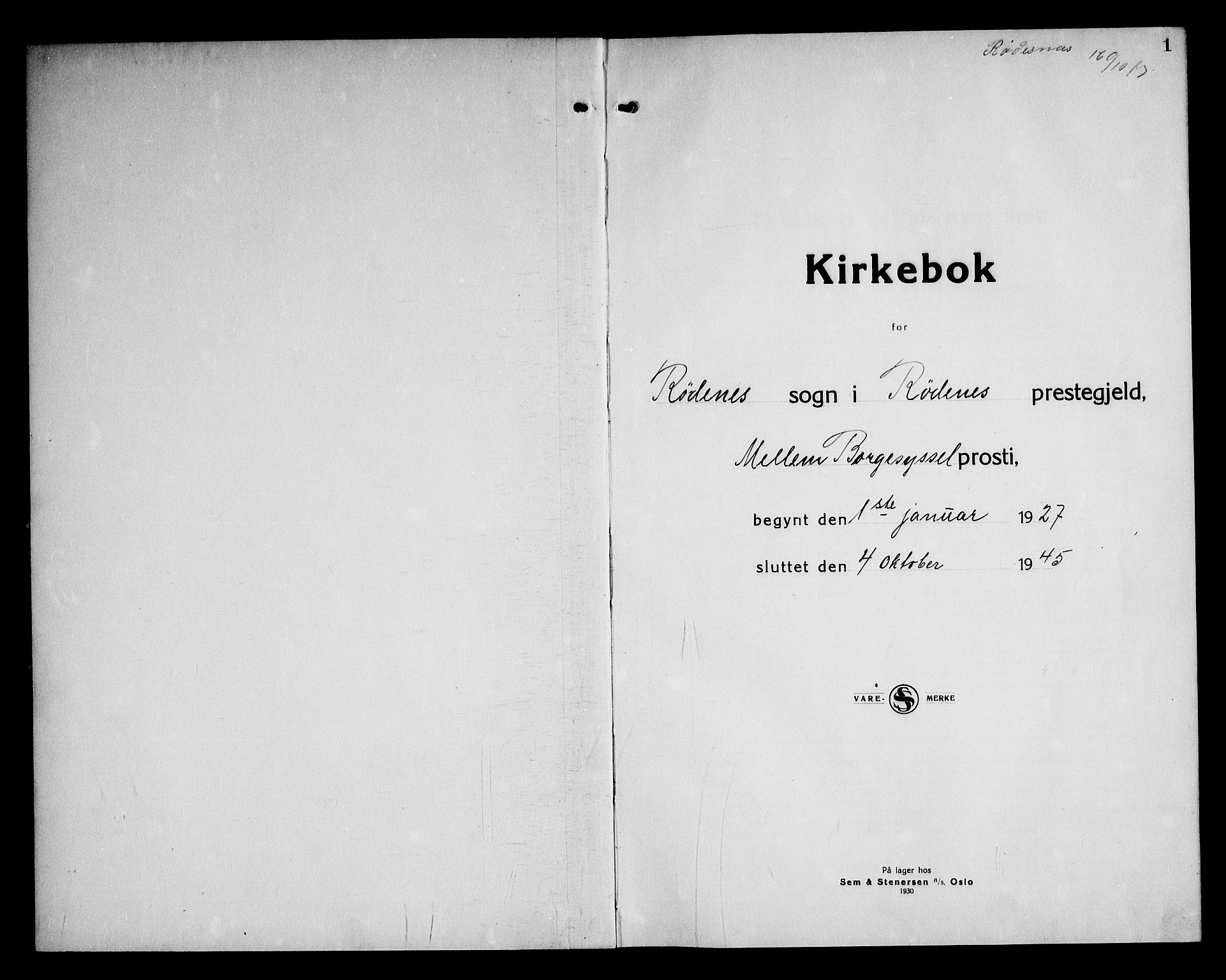 Rødenes prestekontor Kirkebøker, SAO/A-2005/G/Ga/L0004: Parish register (copy) no. I 4, 1927-1946, p. 1