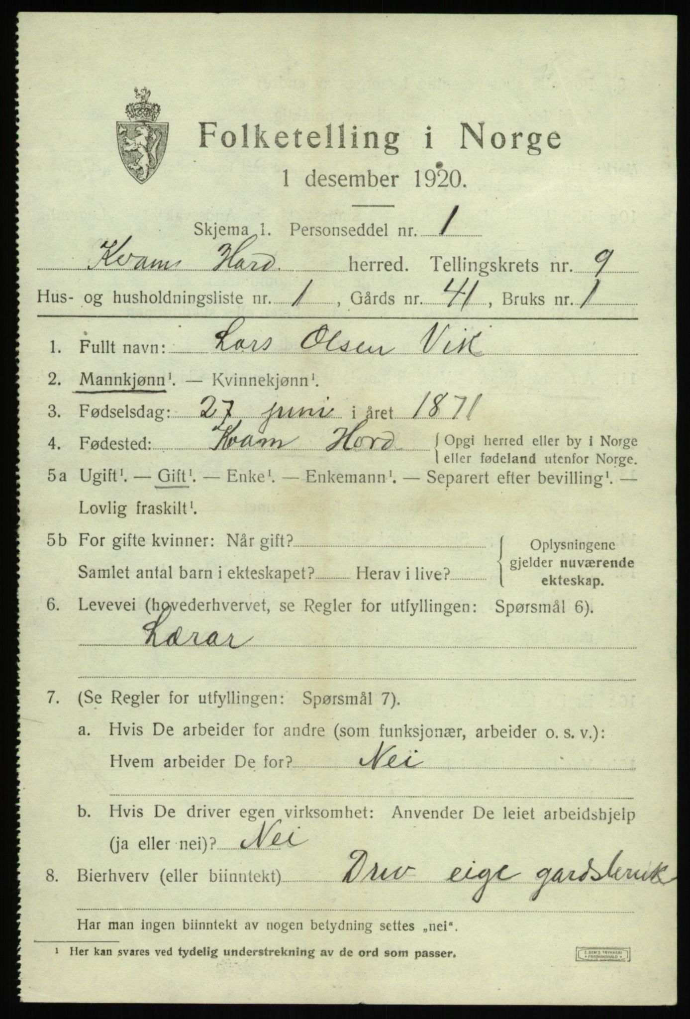 SAB, 1920 census for Kvam, 1920, p. 5645