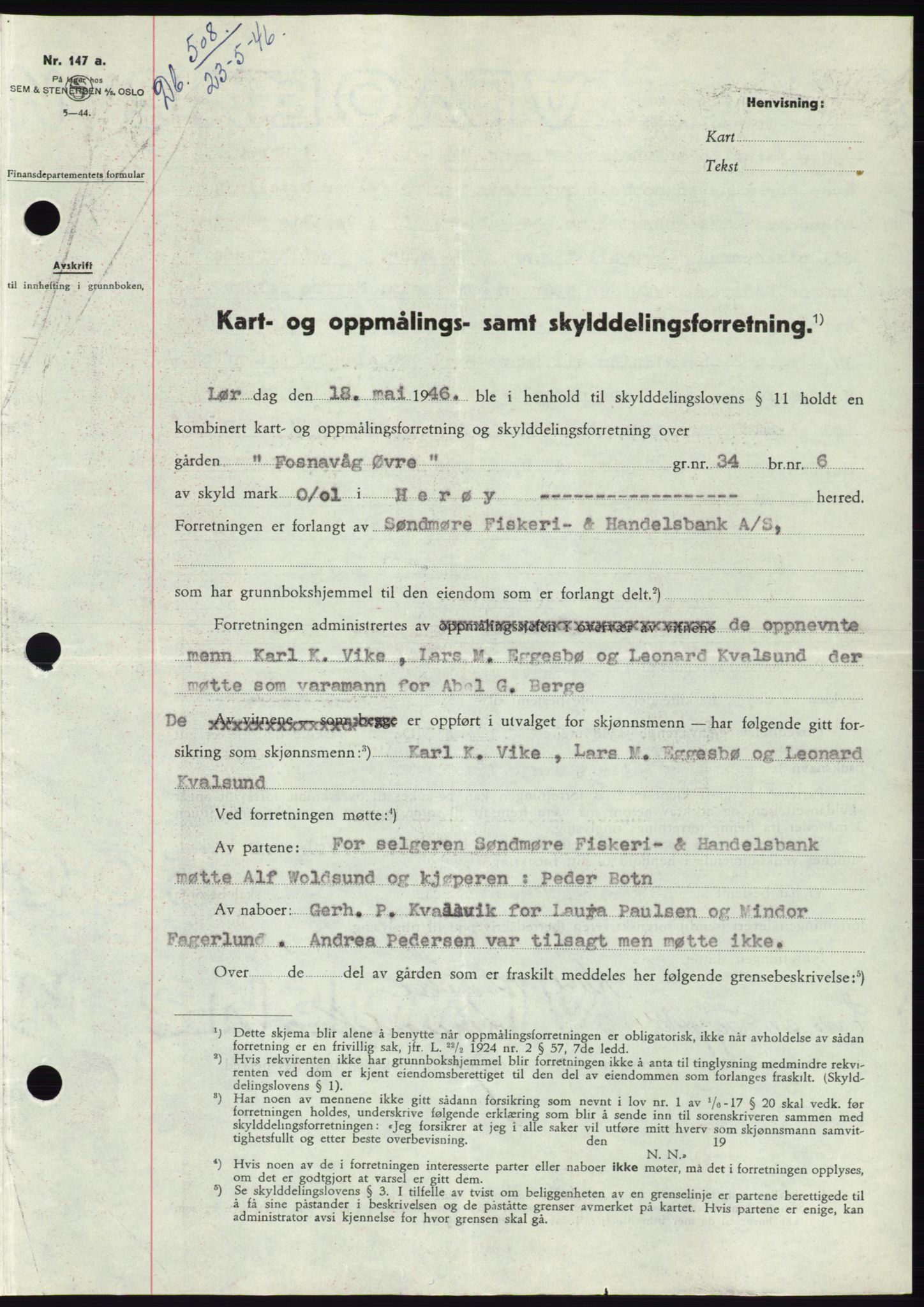 Søre Sunnmøre sorenskriveri, AV/SAT-A-4122/1/2/2C/L0078: Mortgage book no. 4A, 1946-1946, Diary no: : 508/1946