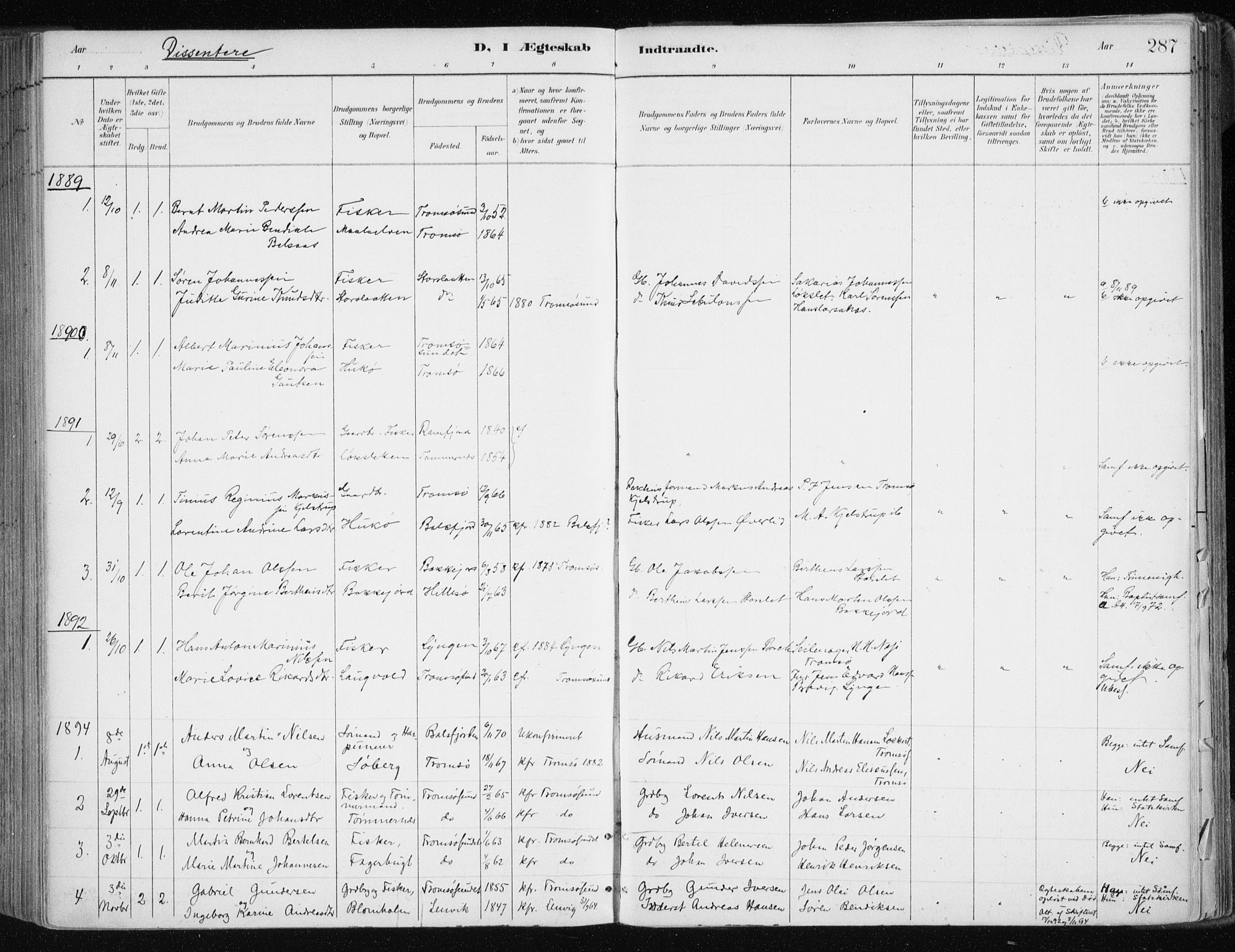 Tromsøysund sokneprestkontor, SATØ/S-1304/G/Ga/L0005kirke: Parish register (official) no. 5, 1888-1896, p. 287