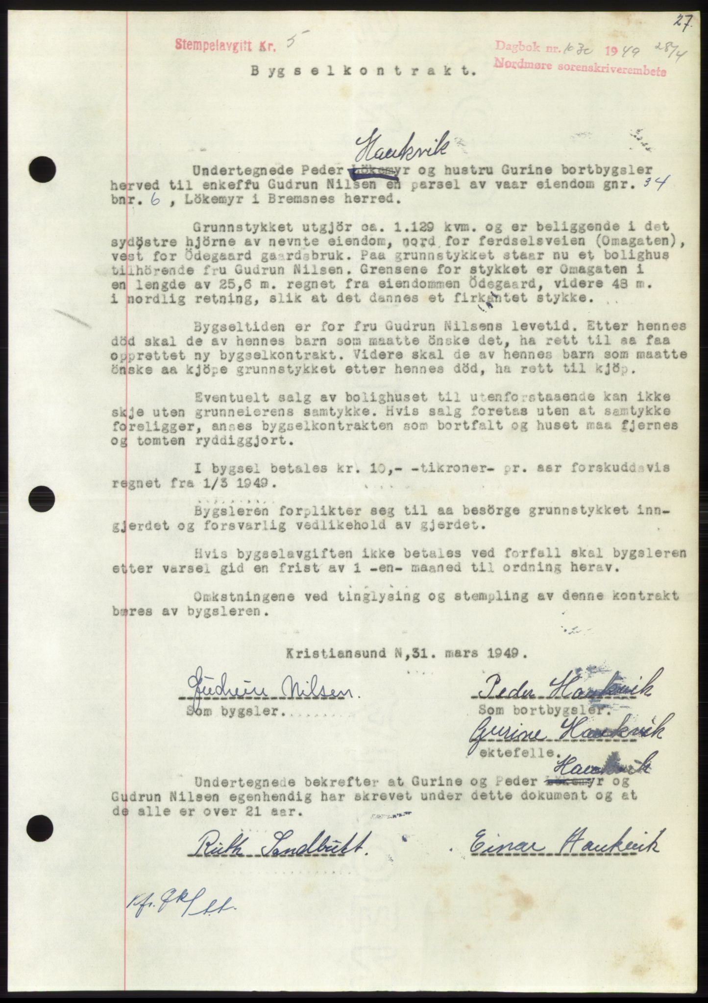 Nordmøre sorenskriveri, AV/SAT-A-4132/1/2/2Ca: Mortgage book no. B101, 1949-1949, Diary no: : 1030/1949