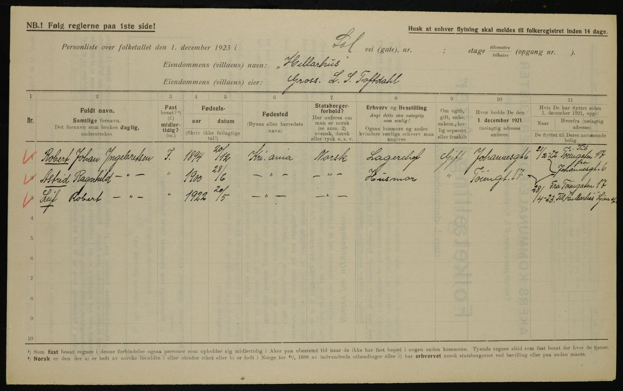 , Municipal Census 1923 for Aker, 1923, p. 45782