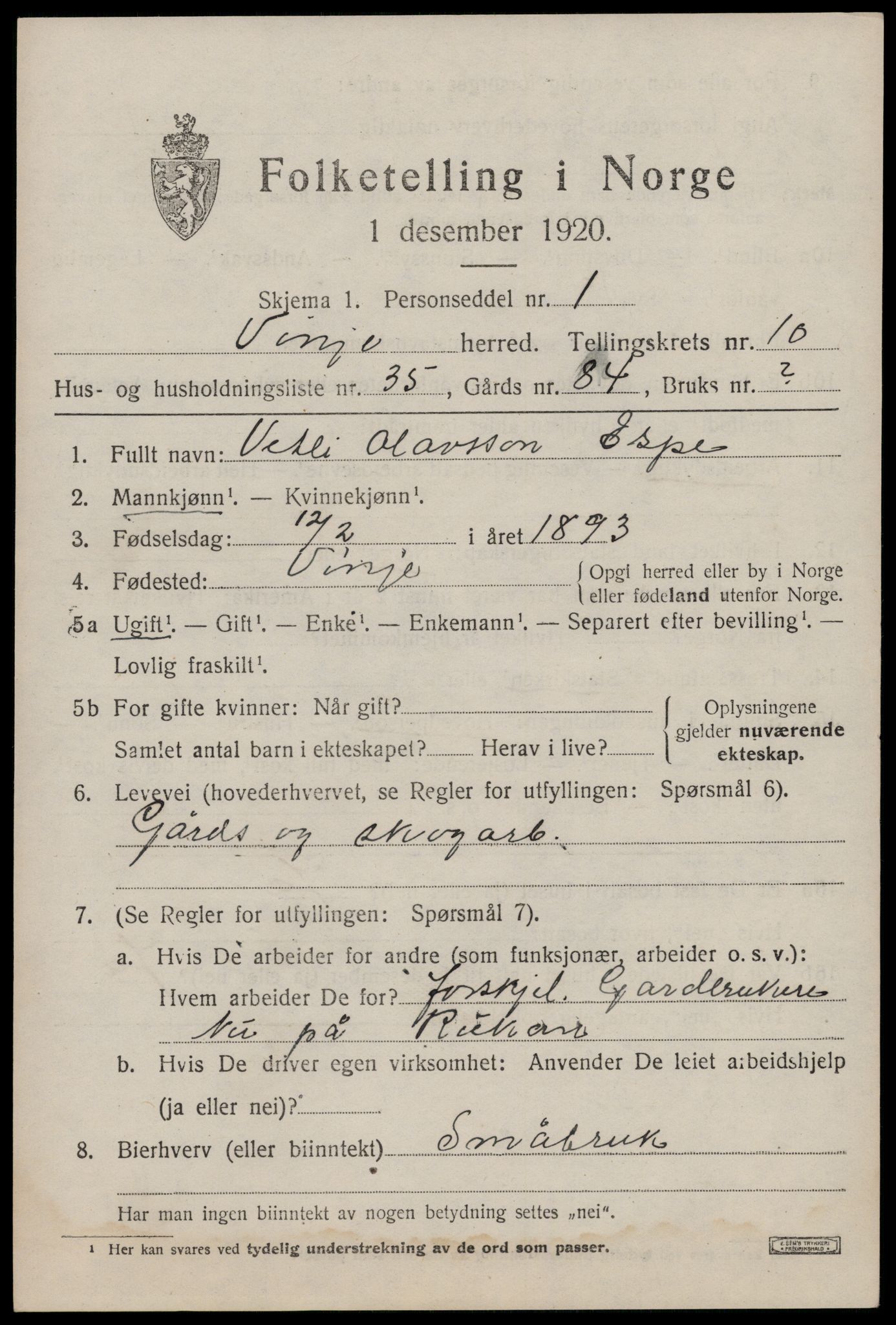 SAKO, 1920 census for Vinje, 1920, p. 3355