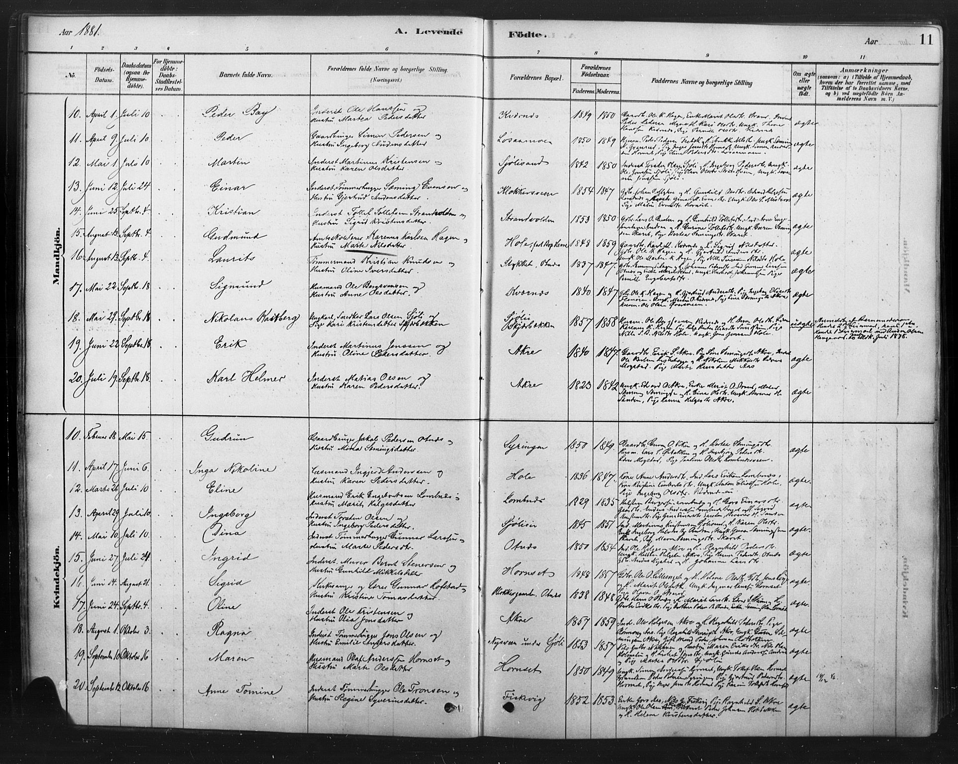 Rendalen prestekontor, SAH/PREST-054/H/Ha/Haa/L0010: Parish register (official) no. 10, 1878-1901, p. 11