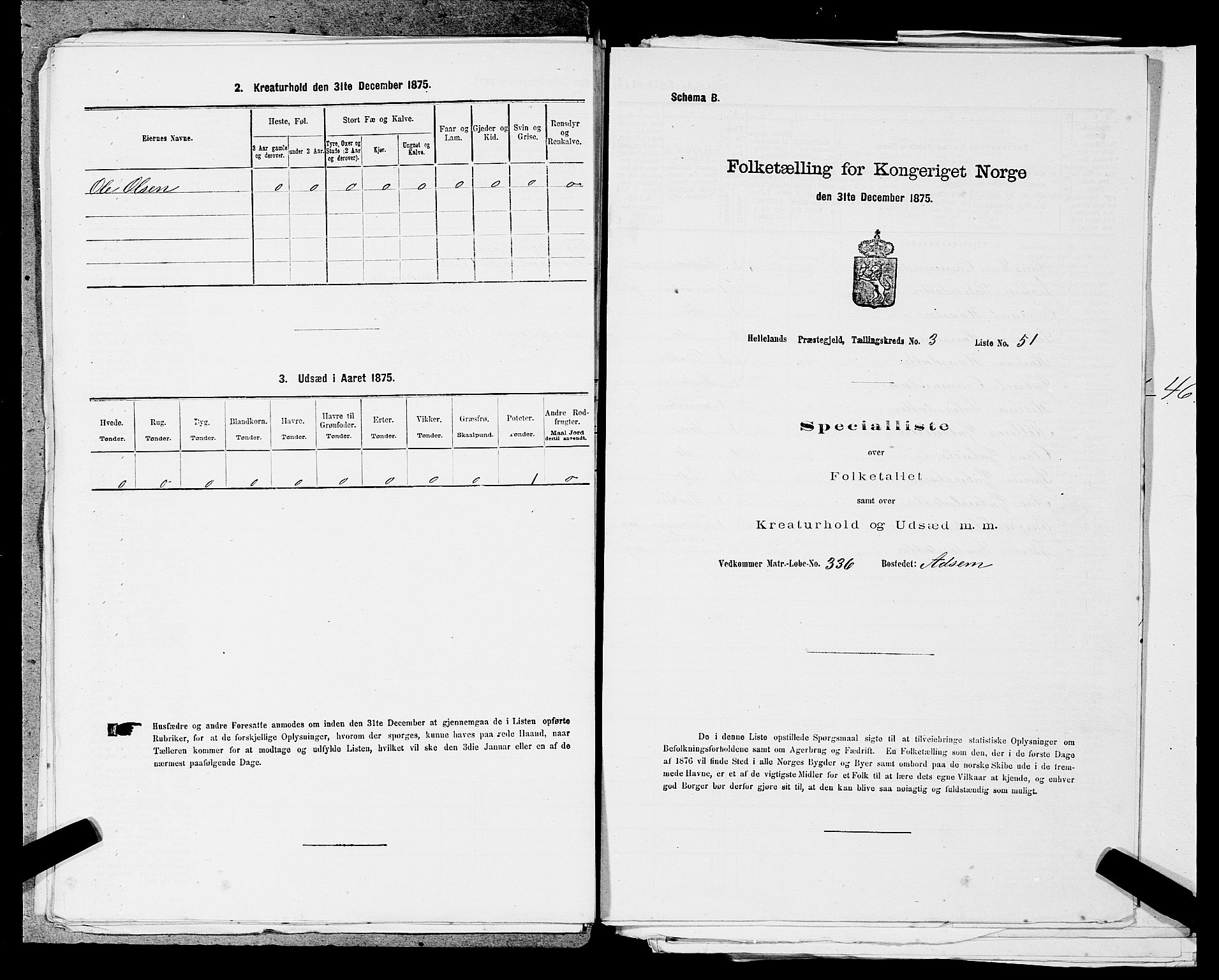 SAST, 1875 census for 1115P Helleland, 1875, p. 875