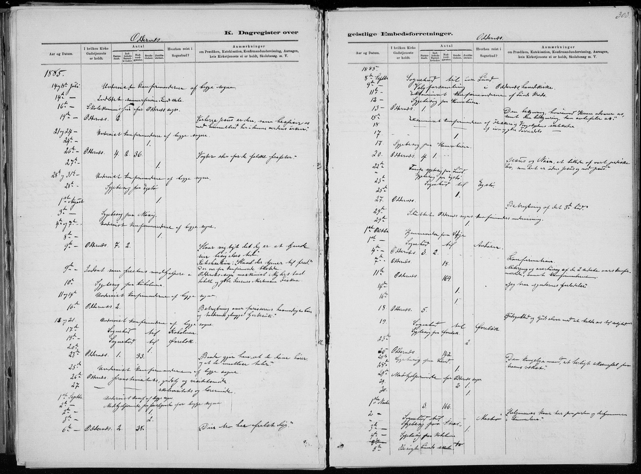 Oddernes sokneprestkontor, AV/SAK-1111-0033/F/Fa/Faa/L0009: Parish register (official) no. A 9, 1884-1896, p. 303