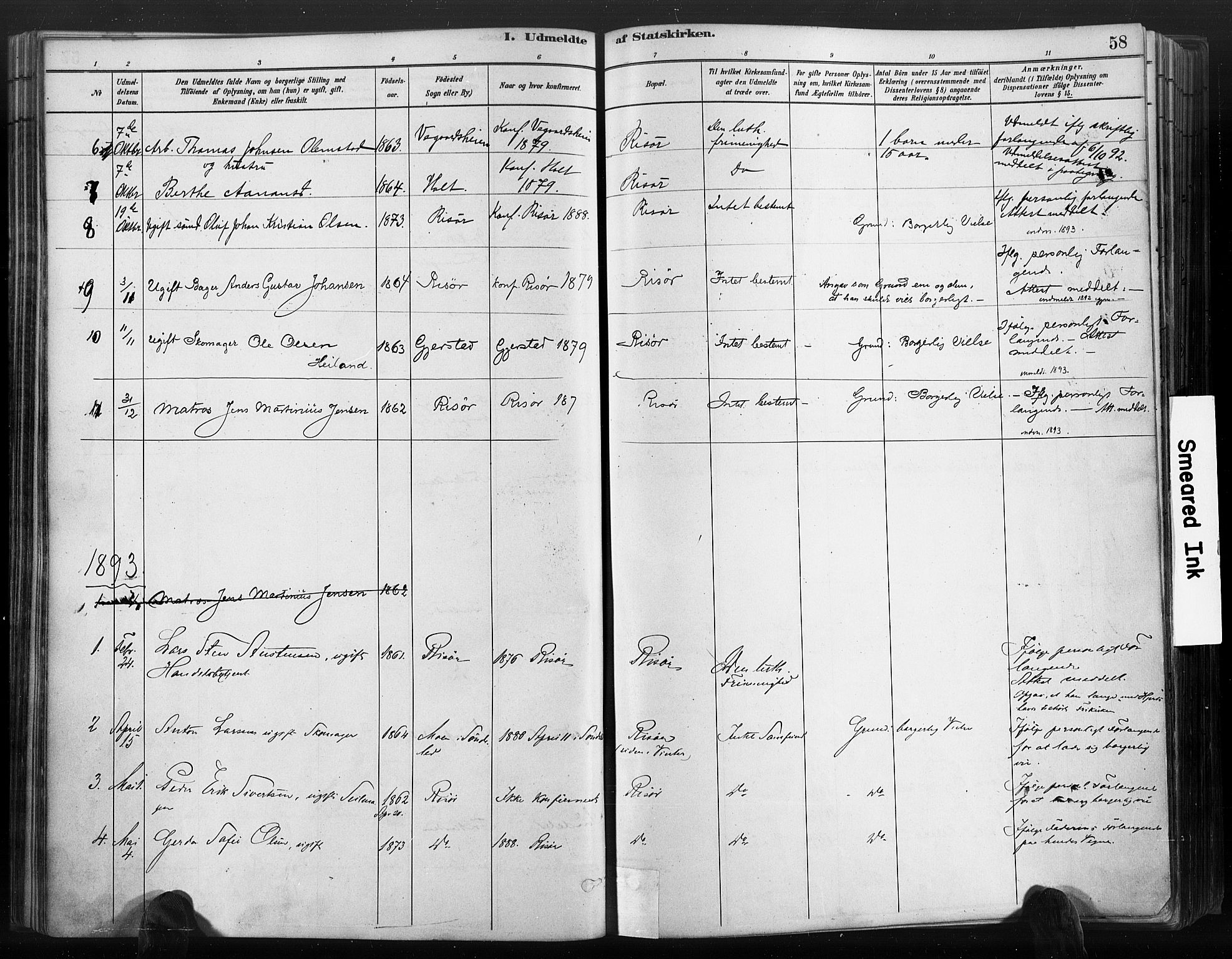 Risør sokneprestkontor, SAK/1111-0035/F/Fa/L0006: Parish register (official) no. A 6, 1883-1908, p. 58