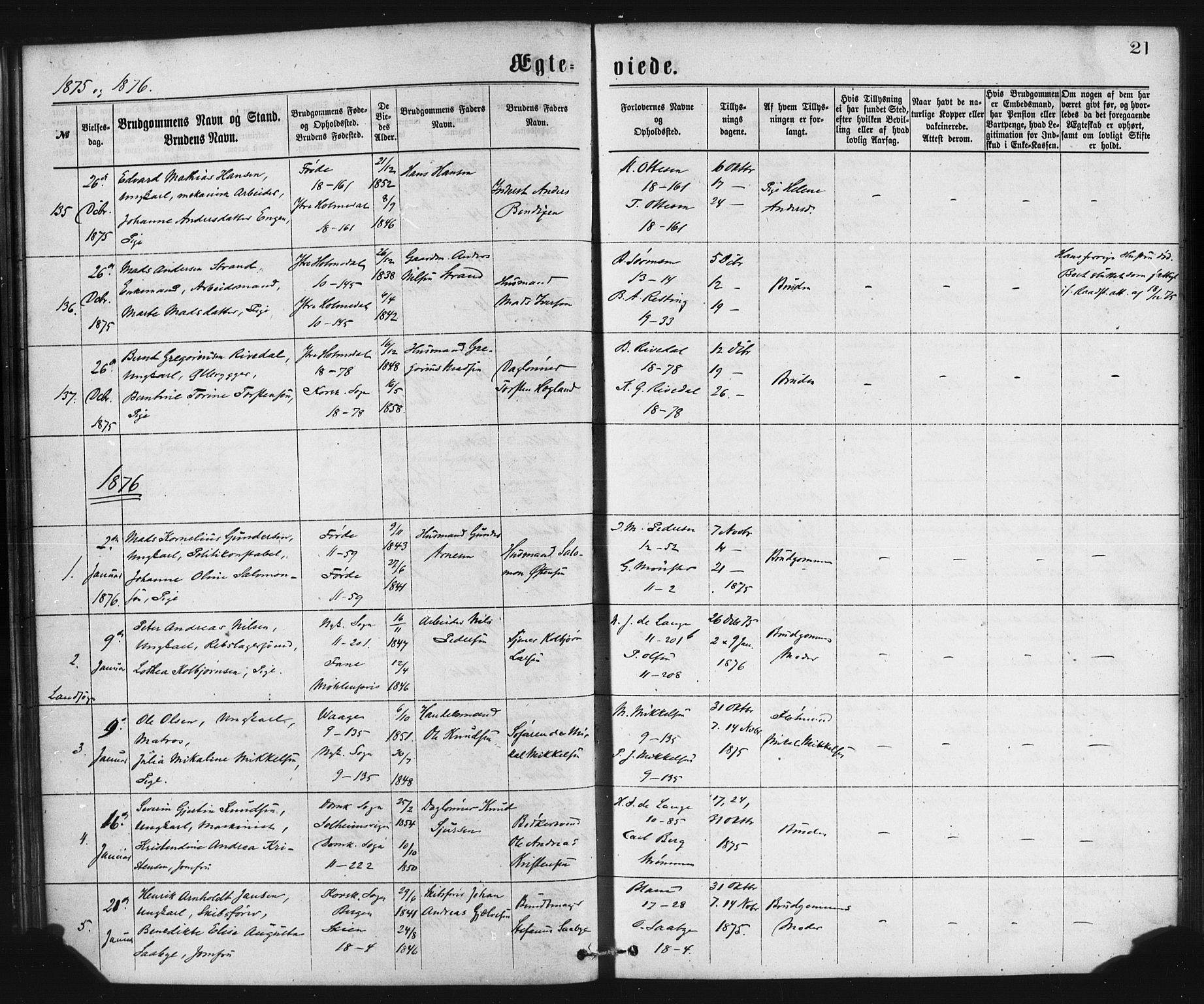 Domkirken sokneprestembete, SAB/A-74801/H/Haa/L0036: Parish register (official) no. D 3, 1875-1880, p. 21