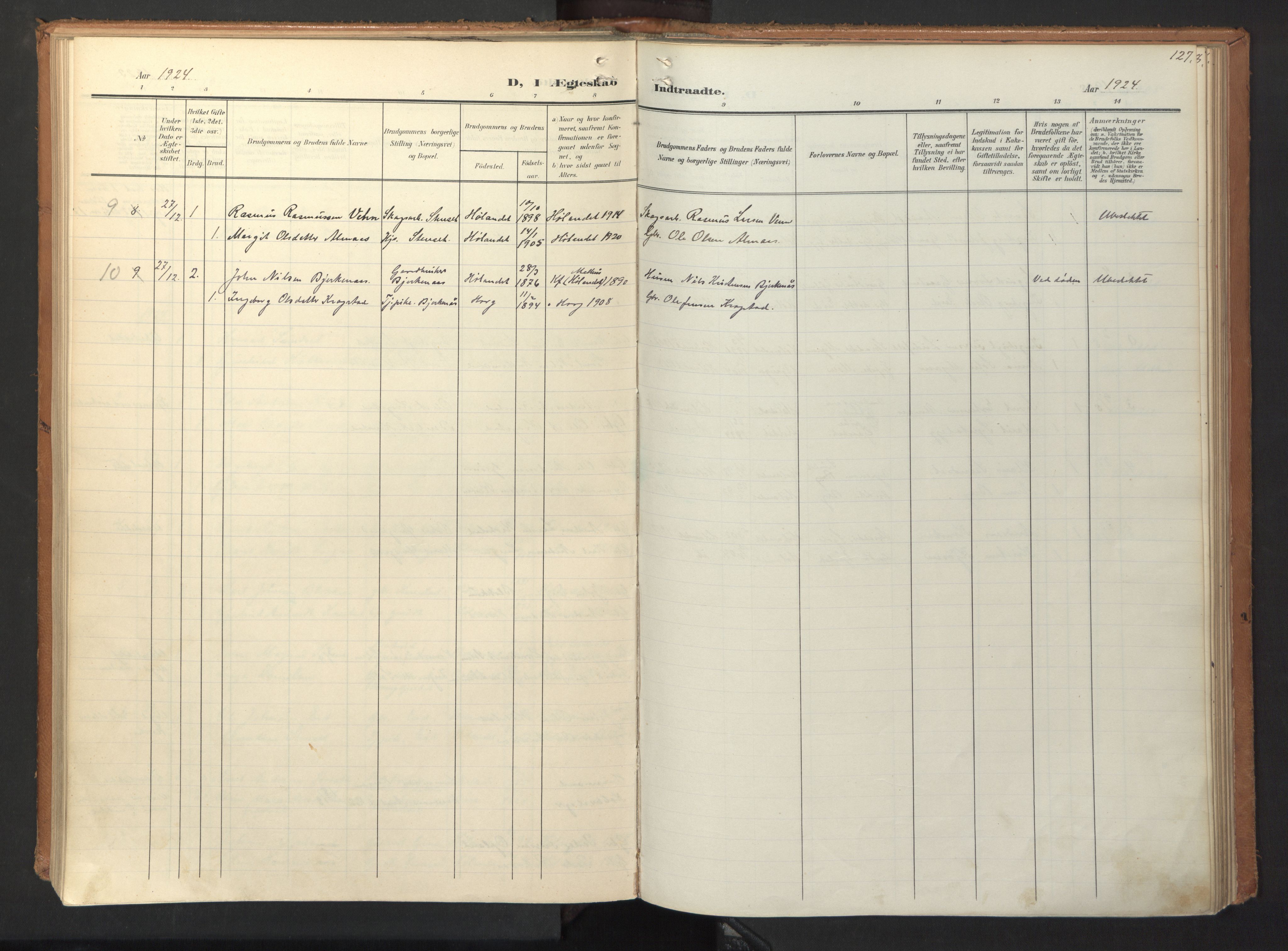 Ministerialprotokoller, klokkerbøker og fødselsregistre - Sør-Trøndelag, SAT/A-1456/694/L1128: Parish register (official) no. 694A02, 1906-1931, p. 127