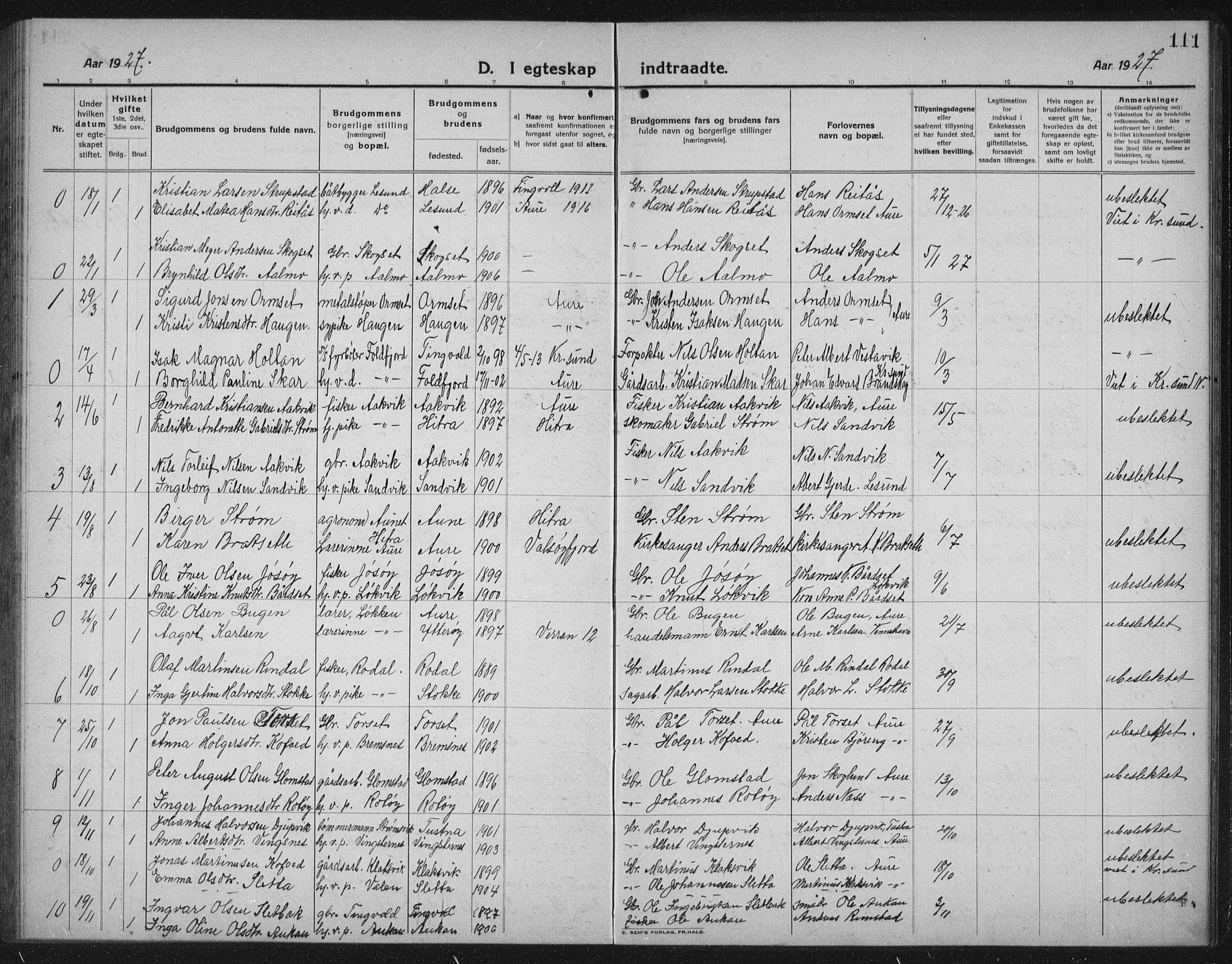 Ministerialprotokoller, klokkerbøker og fødselsregistre - Møre og Romsdal, AV/SAT-A-1454/578/L0911: Parish register (copy) no. 578C04, 1921-1940, p. 111