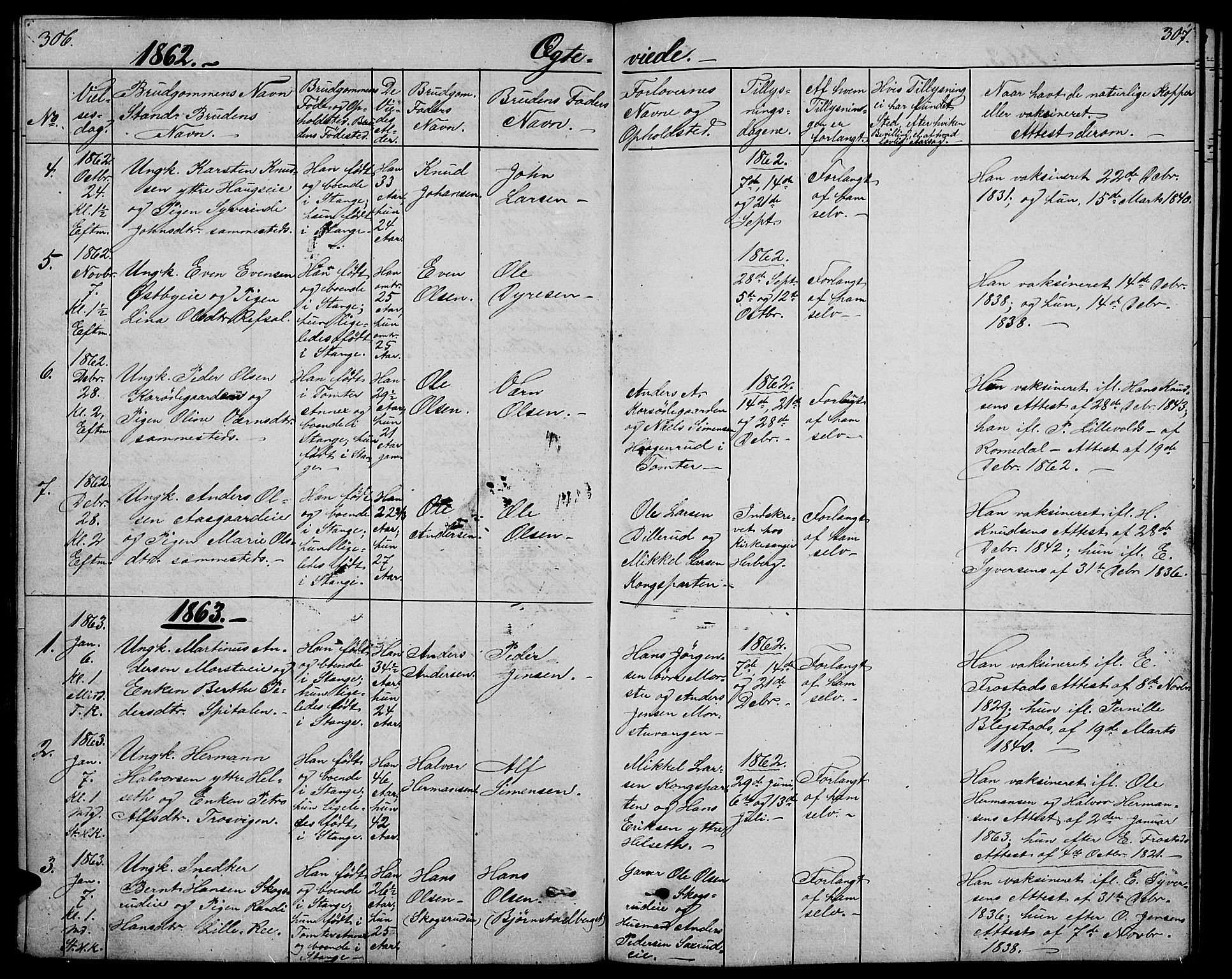Stange prestekontor, SAH/PREST-002/L/L0005: Parish register (copy) no. 5, 1861-1881, p. 306-307