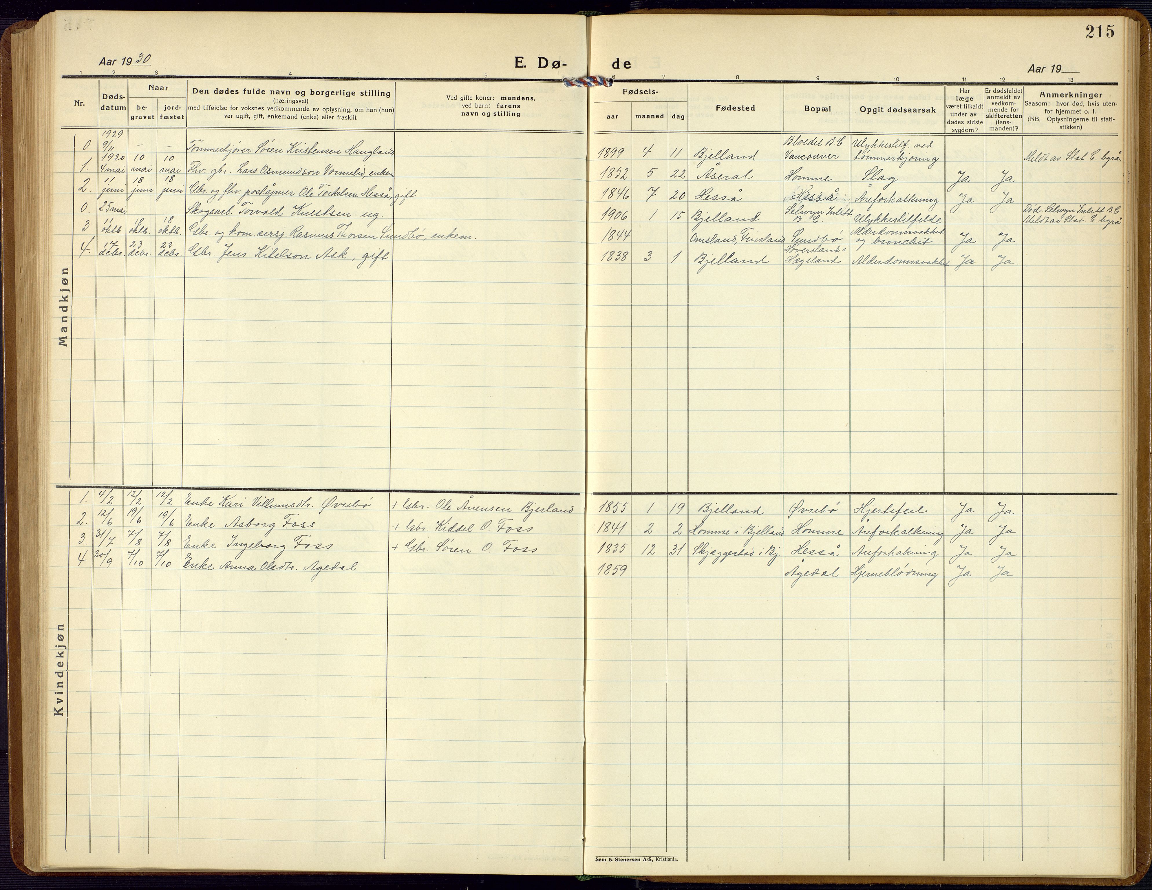 Bjelland sokneprestkontor, SAK/1111-0005/F/Fb/Fba/L0006: Parish register (copy) no. B 6, 1923-1956, p. 215