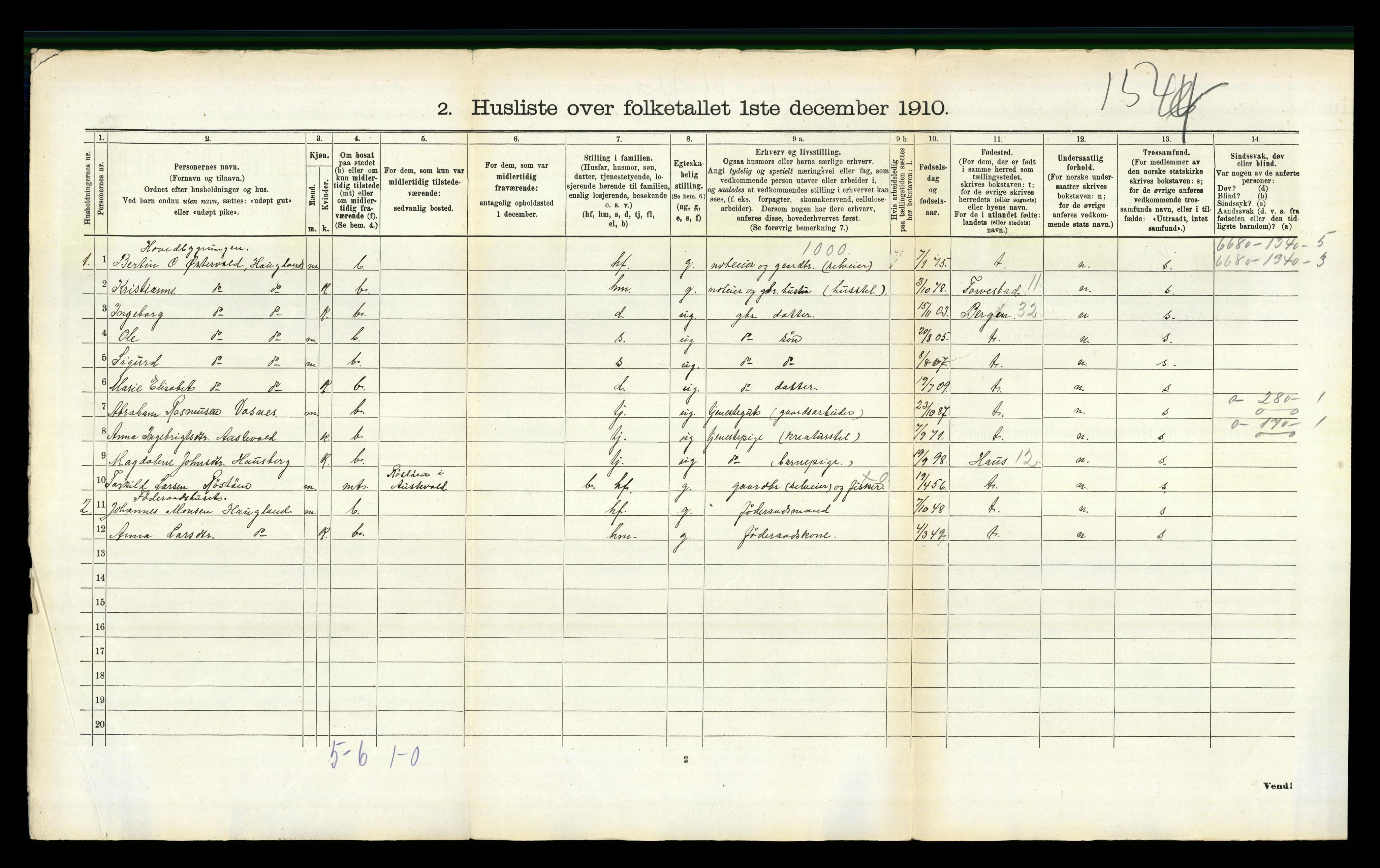 RA, 1910 census for Austevoll, 1910, p. 501