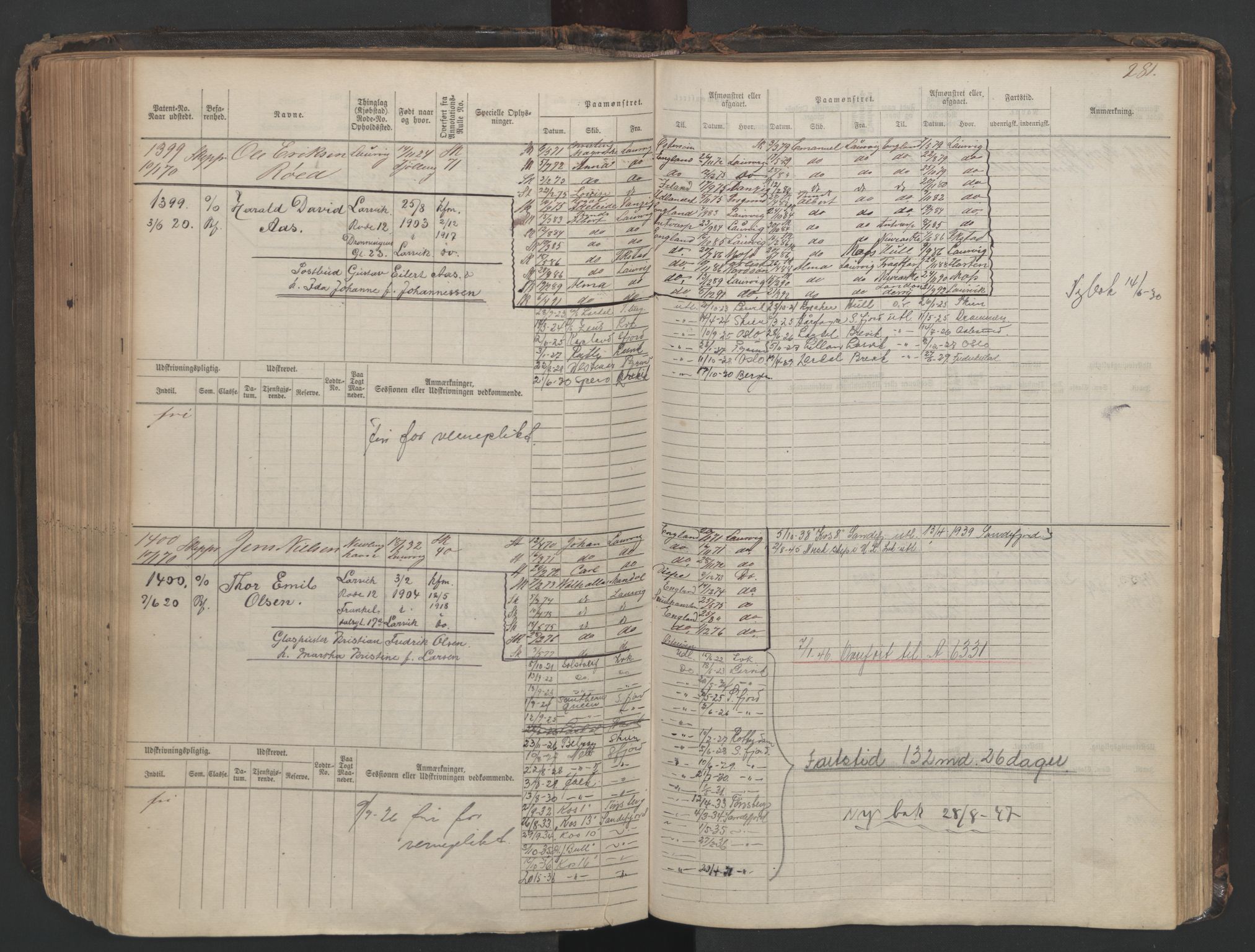 Larvik innrulleringskontor, SAKO/A-787/F/Fc/L0003: Hovedrulle, 1868, p. 281