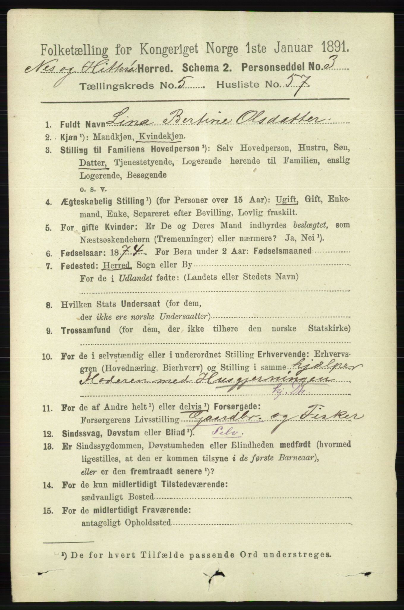 RA, 1891 census for 1043 Hidra og Nes, 1891, p. 2151