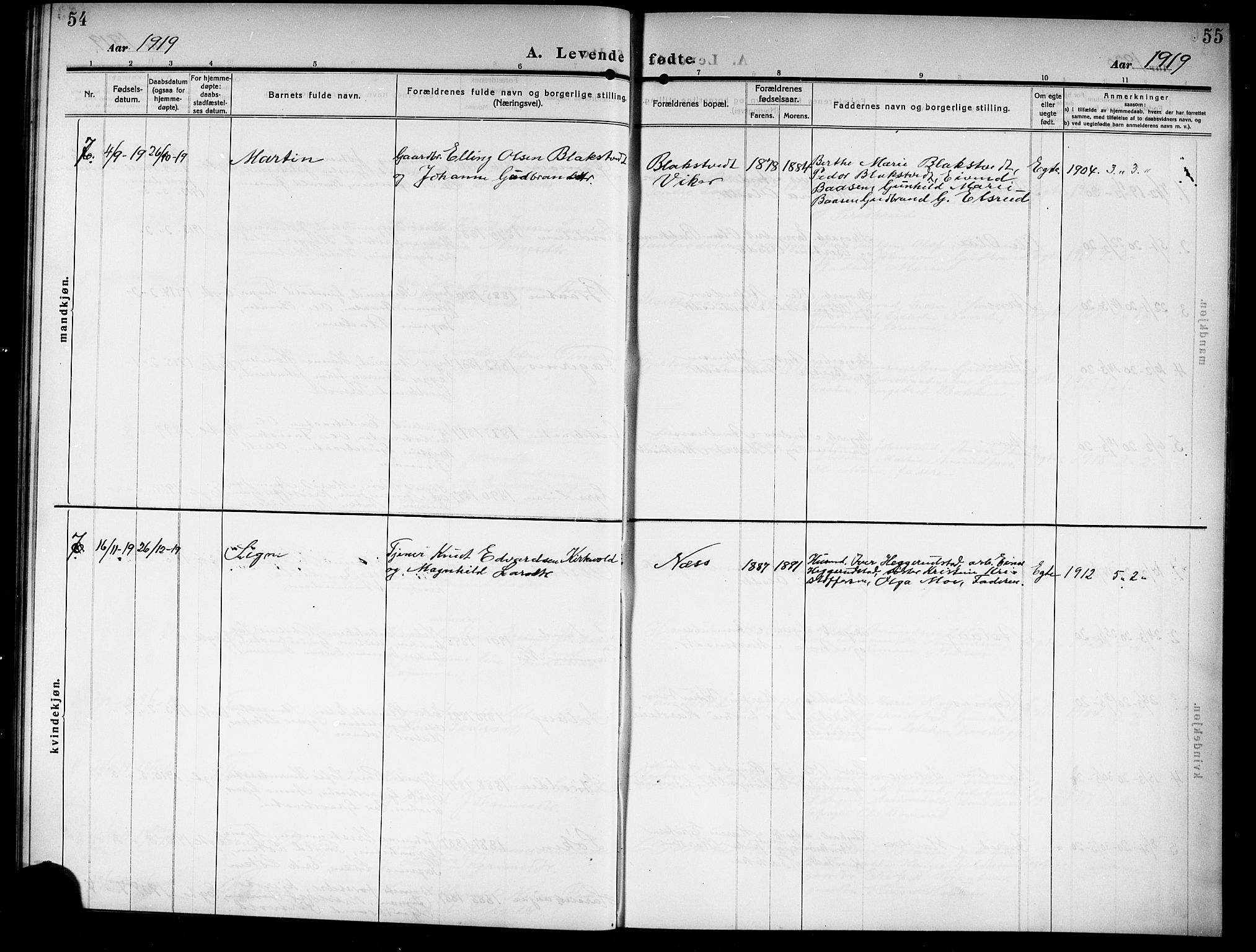 Ådal kirkebøker, AV/SAKO-A-248/G/Gb/L0002: Parish register (copy) no. II 2, 1909-1920, p. 54-55