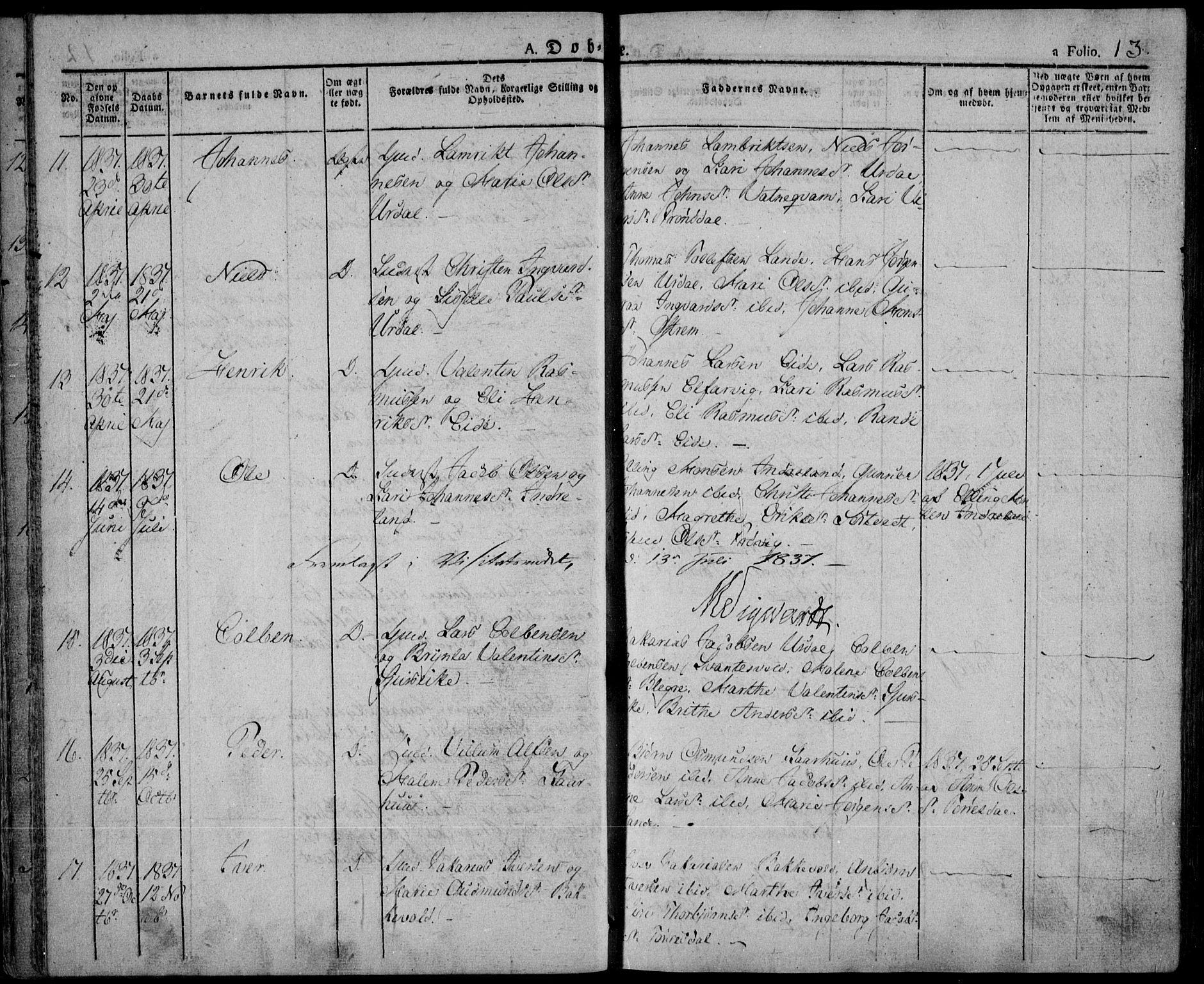 Skjold sokneprestkontor, SAST/A-101847/H/Ha/Haa/L0005: Parish register (official) no. A 5, 1830-1856, p. 13