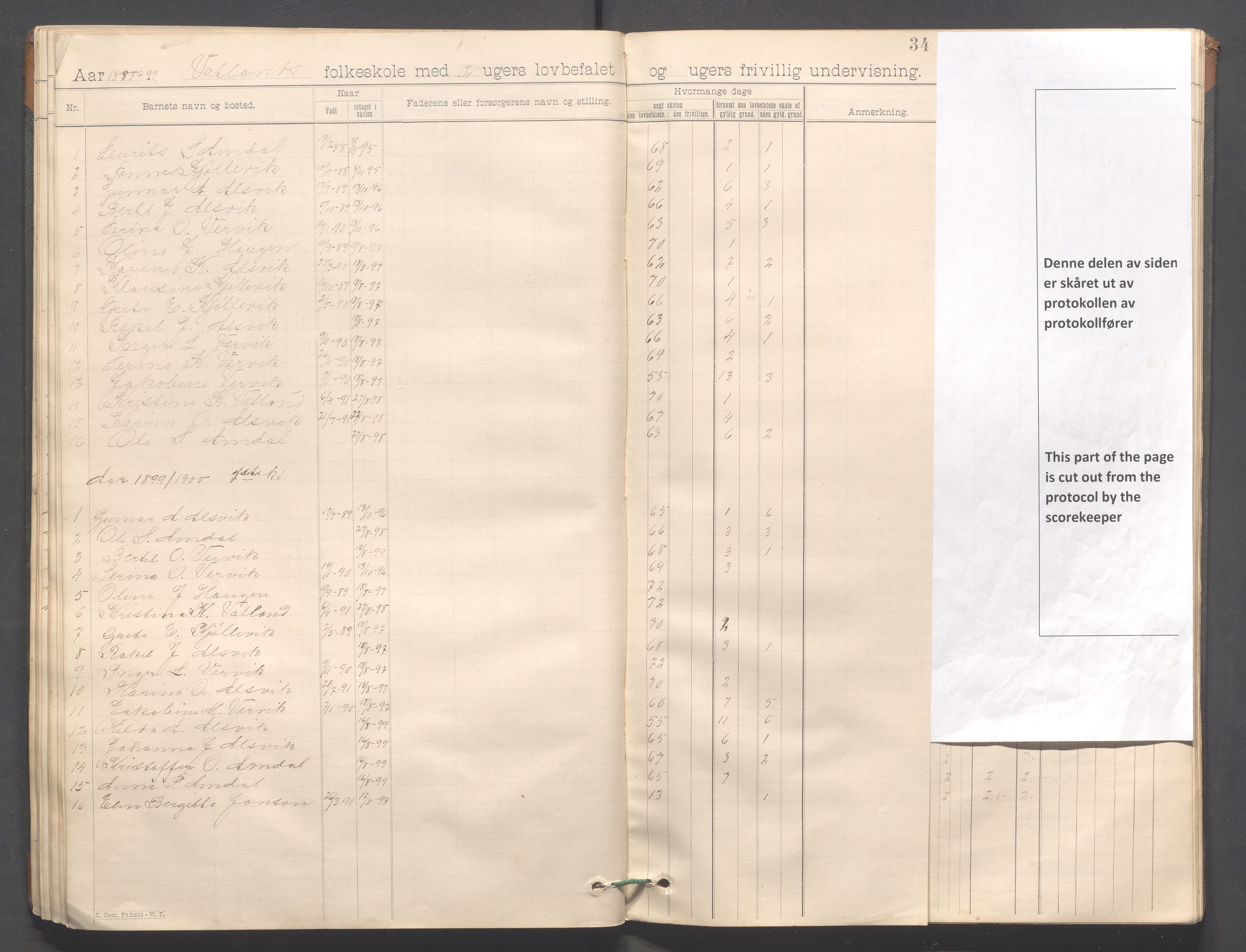 Strand kommune - Vatland skole, IKAR/A-161/H/L0001: Skoleprotokoll for Vatland, Helle, Heng , 1892-1901, p. 34