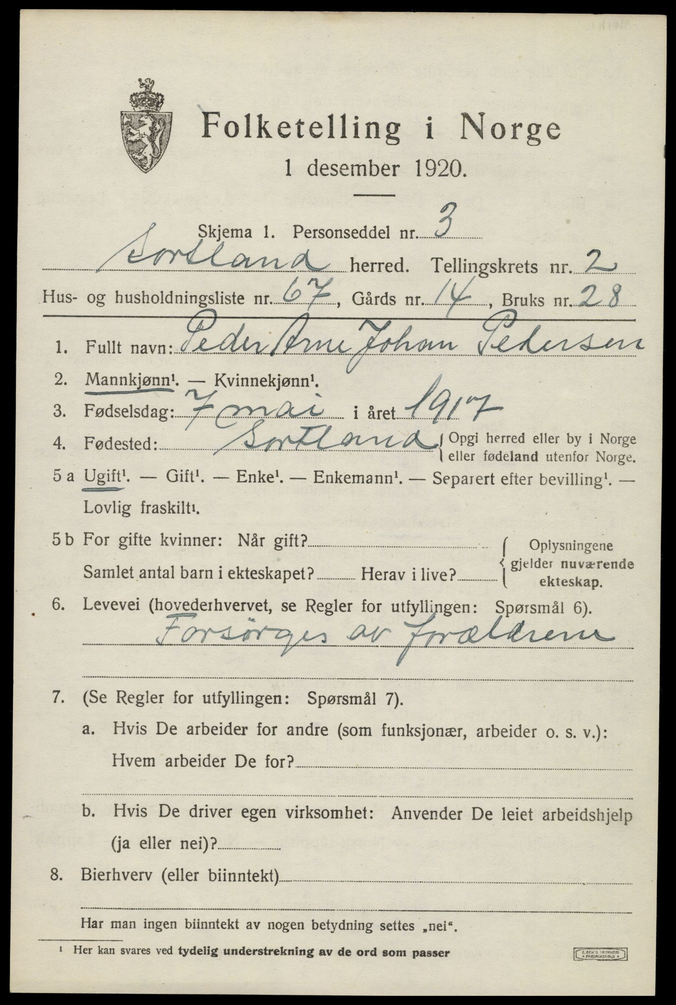 SAT, 1920 census for Sortland, 1920, p. 3554