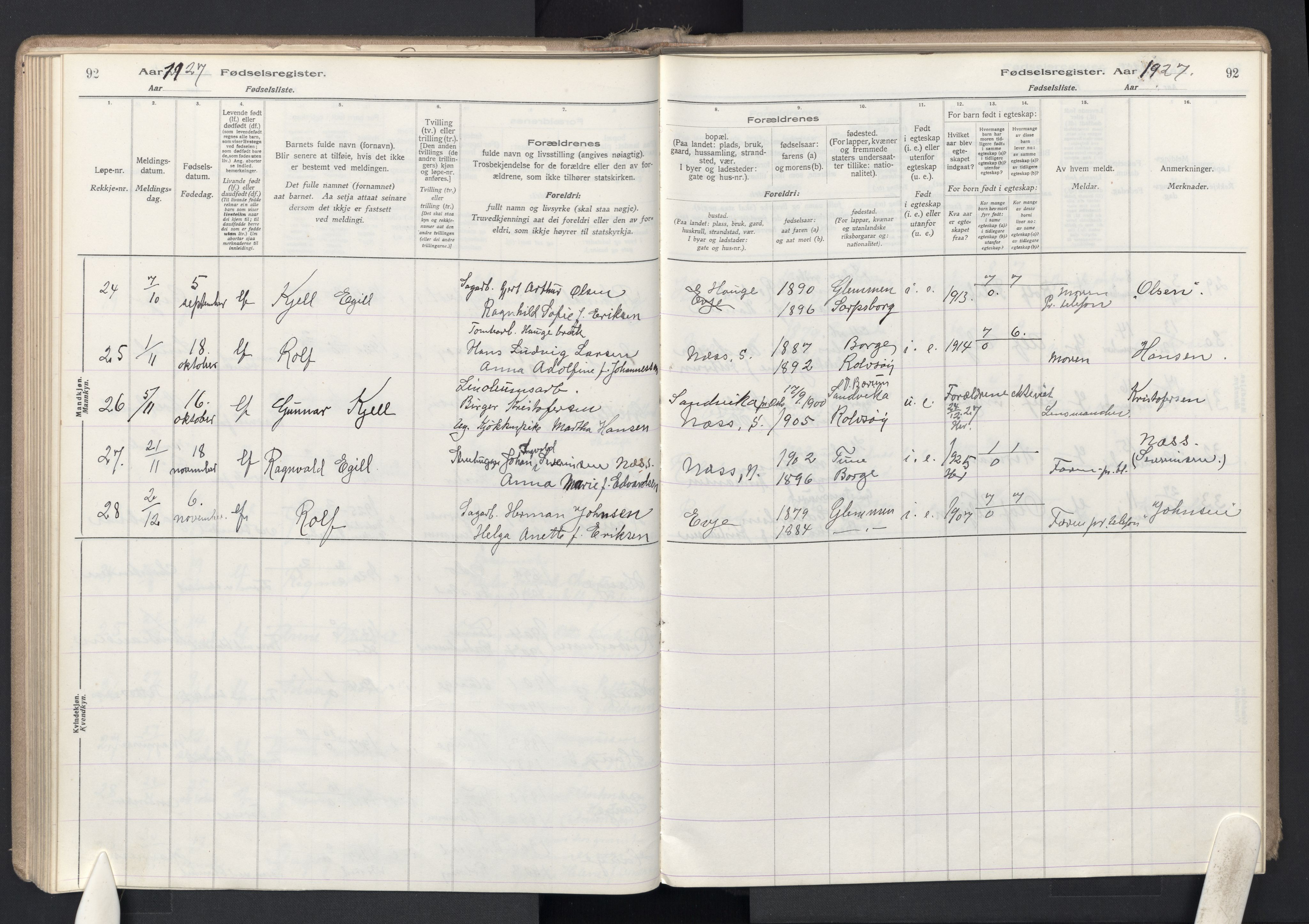 Rolvsøy prestekontor Kirkebøker, AV/SAO-A-2004/J/Ja/L0001: Birth register no. 1, 1916-1946, p. 92