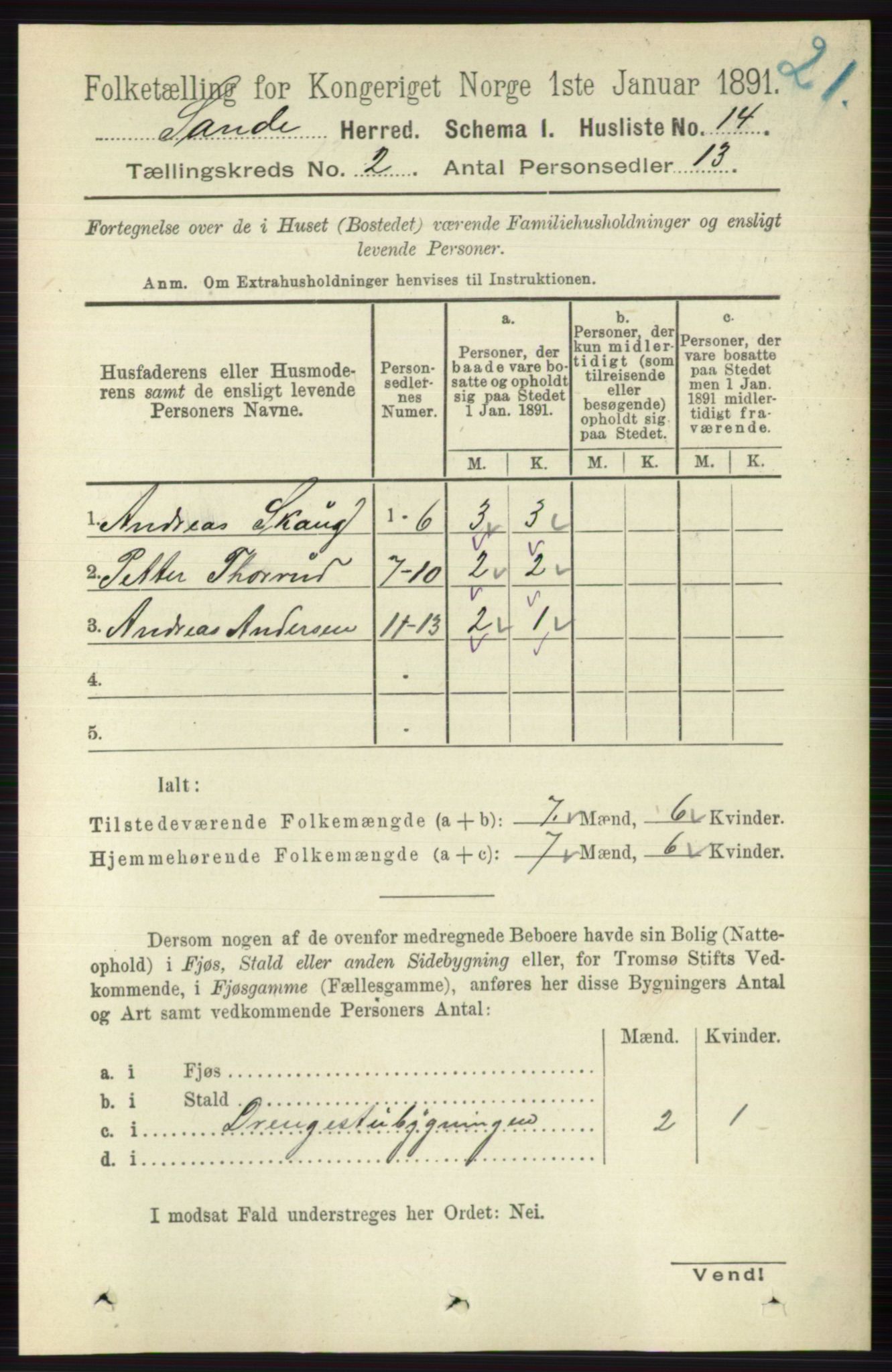 RA, 1891 census for 0713 Sande, 1891, p. 482