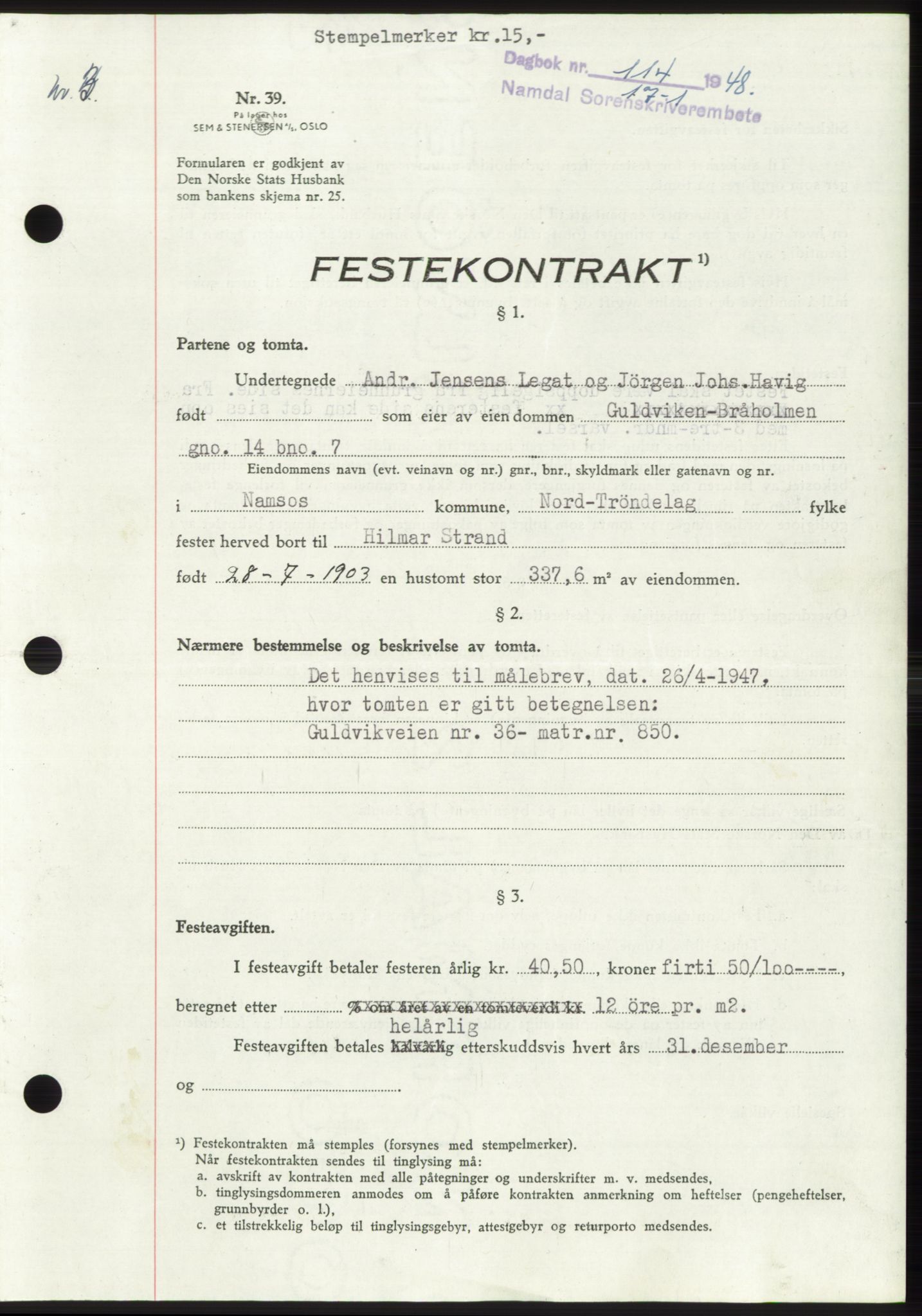 Namdal sorenskriveri, SAT/A-4133/1/2/2C: Mortgage book no. -, 1947-1948, Diary no: : 114/1948