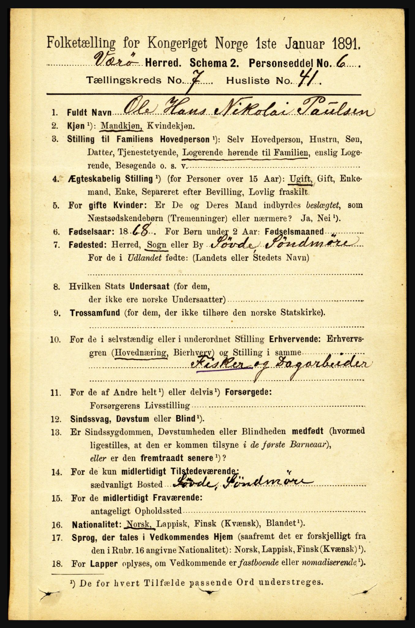 RA, 1891 census for 1857 Værøy, 1891, p. 1025