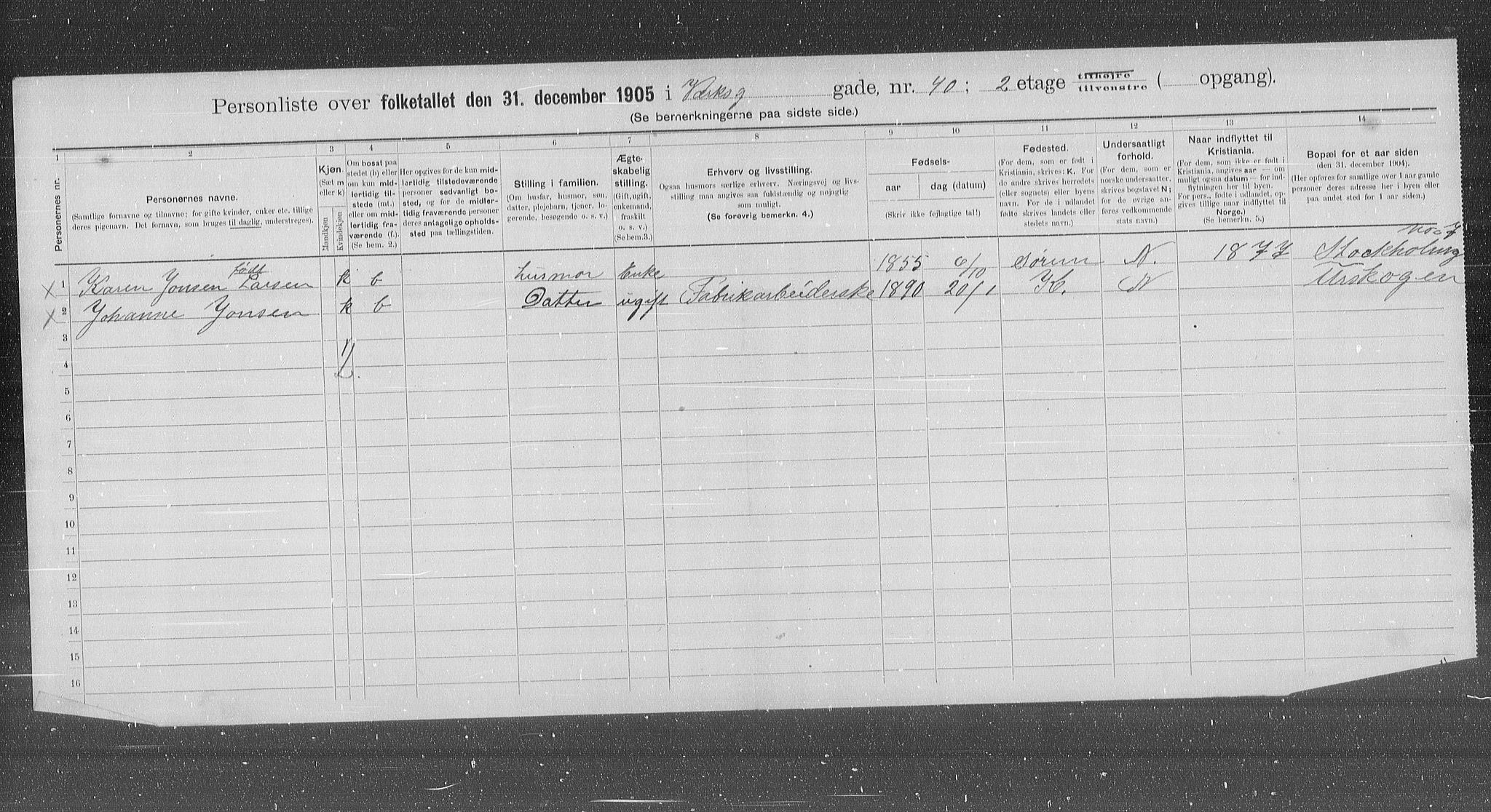 OBA, Municipal Census 1905 for Kristiania, 1905, p. 65165