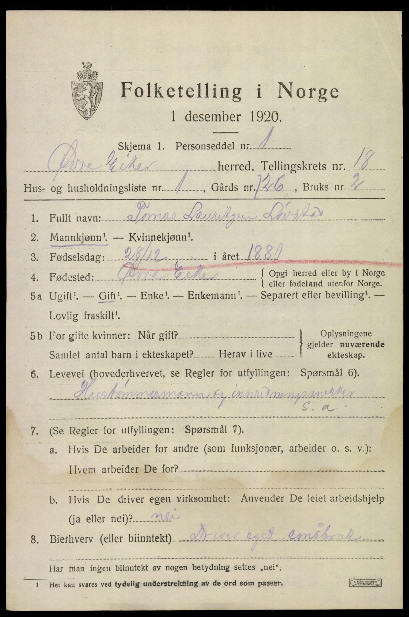 SAKO, 1920 census for Øvre Eiker, 1920, p. 21582