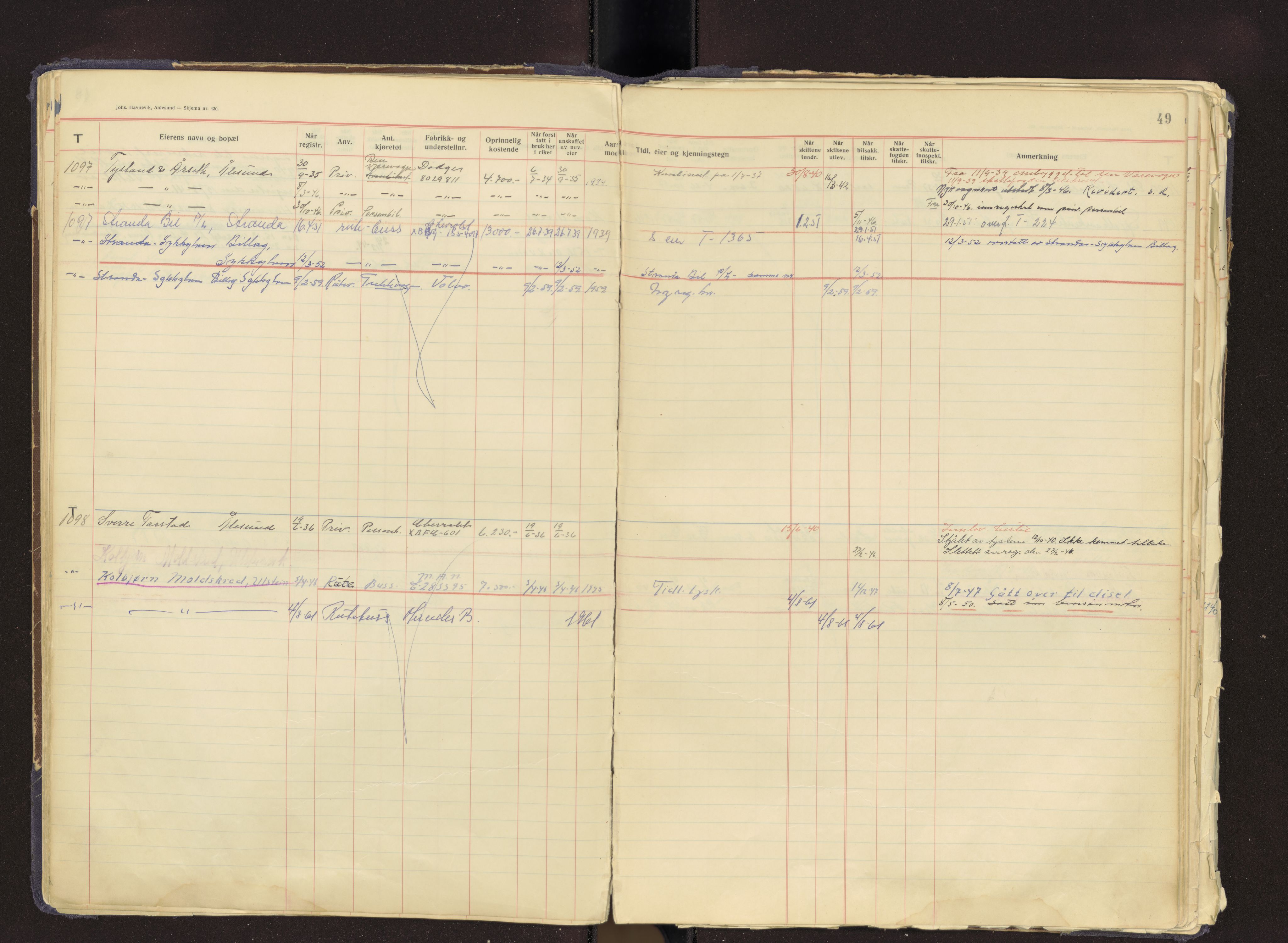 Møre og Romsdal vegkontor - Ålesund trafikkstasjon, AV/SAT-A-4099/F/Fb/L0003: Bilregister; T 1001 - T 1500, 1920-1970, p. 49