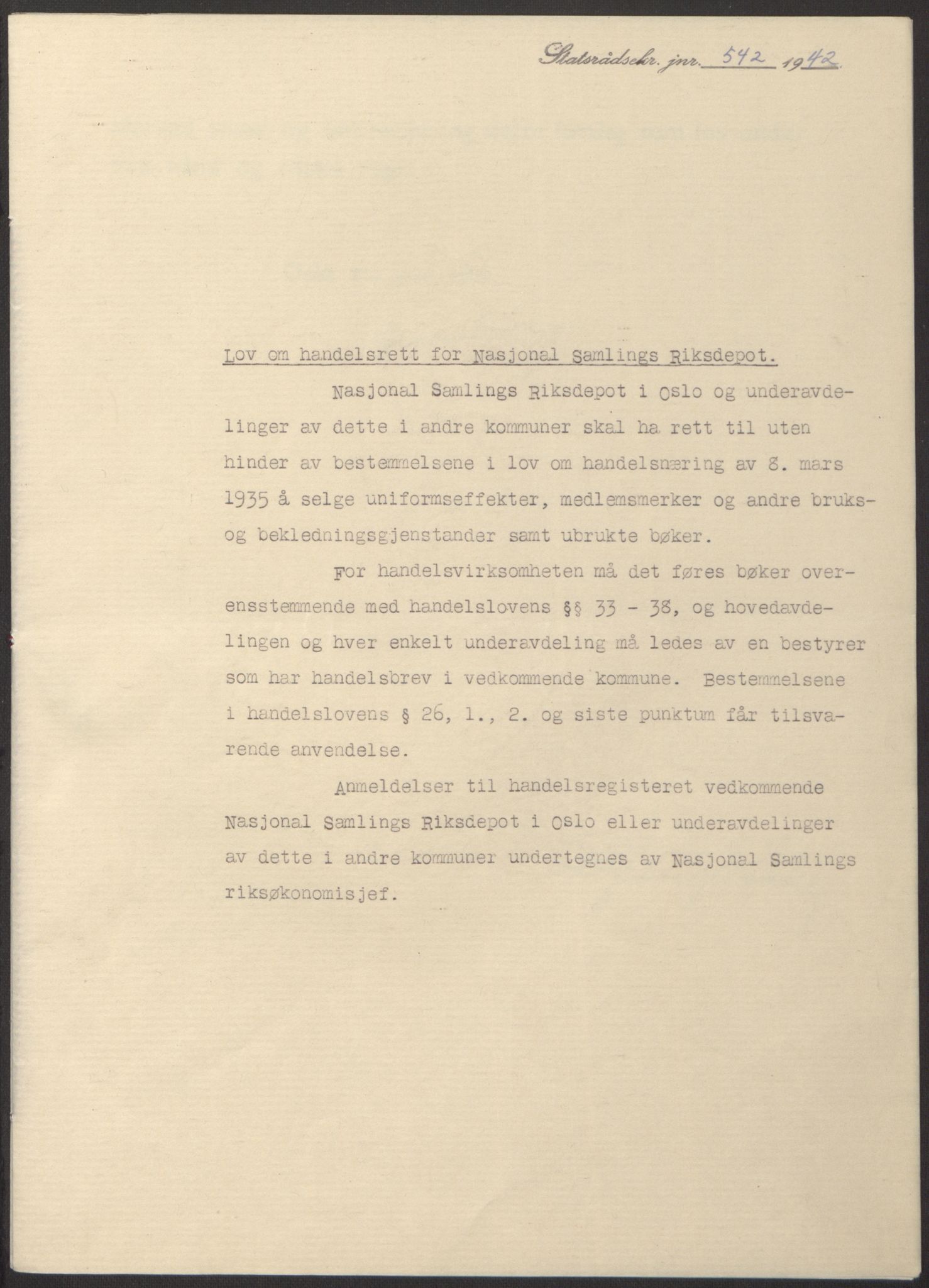NS-administrasjonen 1940-1945 (Statsrådsekretariatet, de kommisariske statsråder mm), AV/RA-S-4279/D/Db/L0098: Lover II, 1942, p. 67