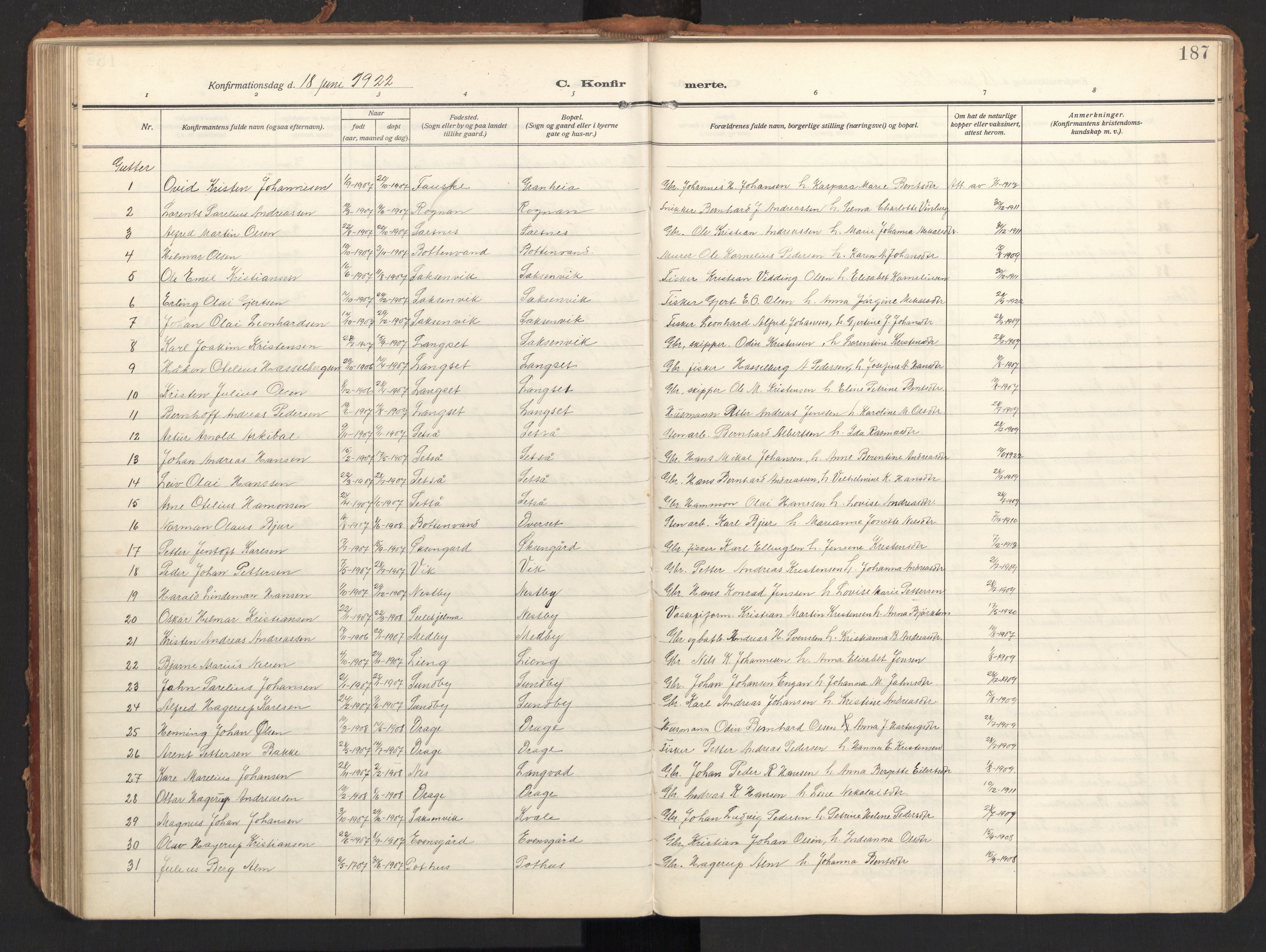 Ministerialprotokoller, klokkerbøker og fødselsregistre - Nordland, SAT/A-1459/847/L0683: Parish register (copy) no. 847C11, 1908-1929, p. 187