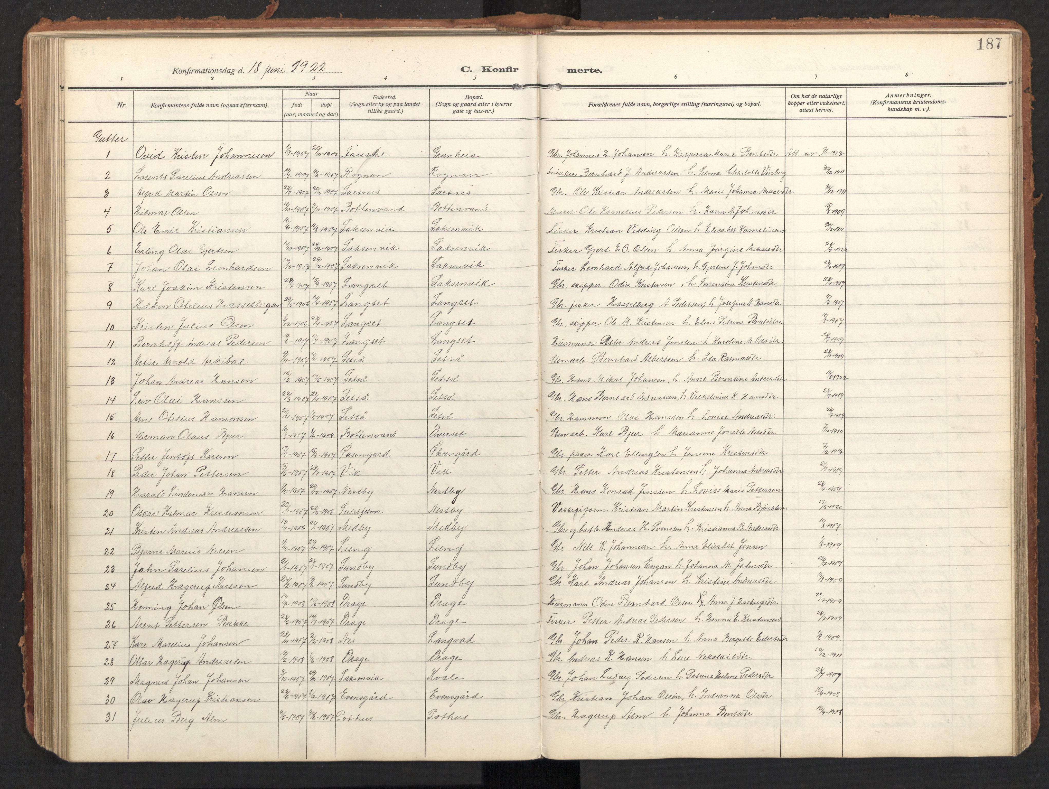 Ministerialprotokoller, klokkerbøker og fødselsregistre - Nordland, AV/SAT-A-1459/847/L0683: Parish register (copy) no. 847C11, 1908-1929, p. 187