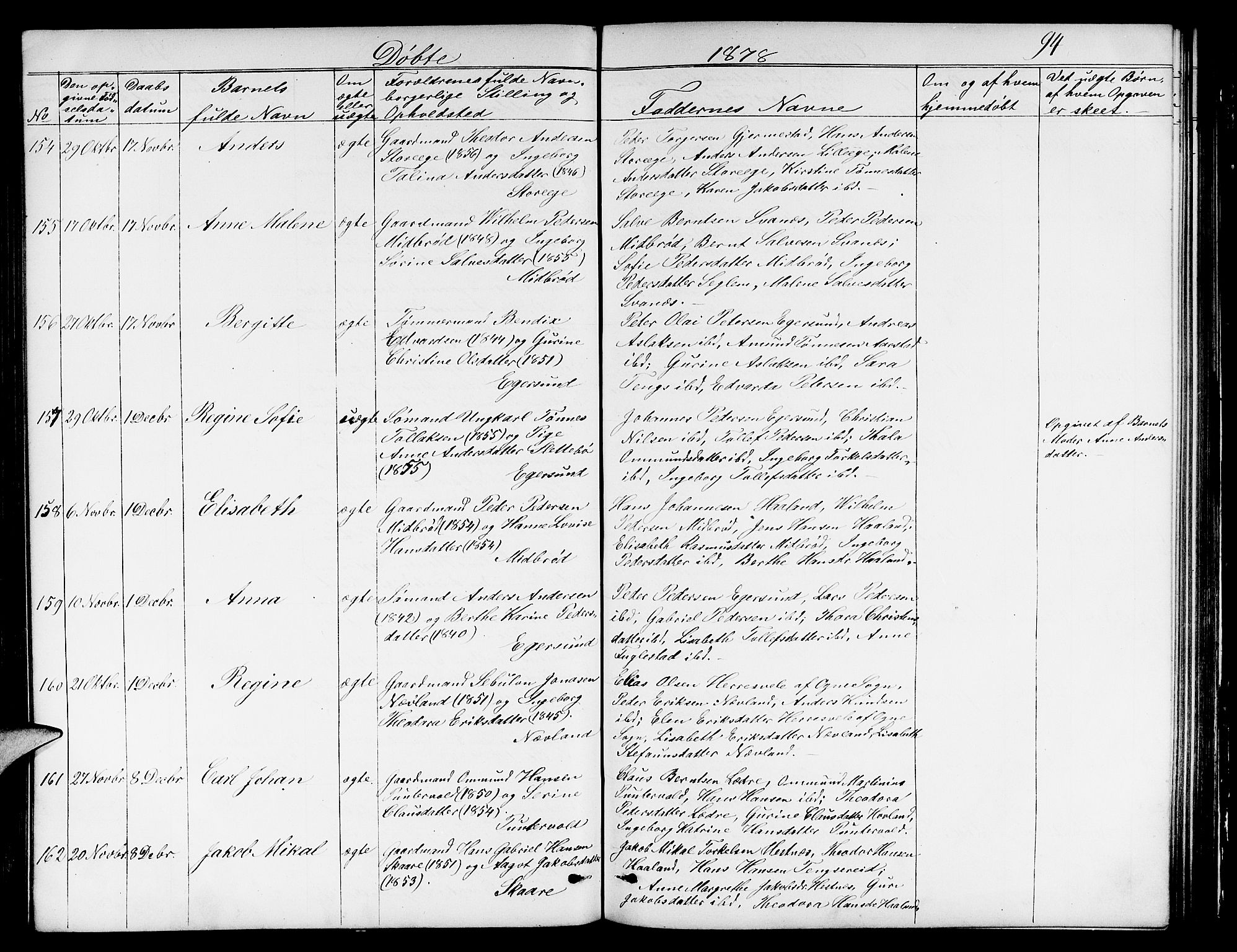 Eigersund sokneprestkontor, AV/SAST-A-101807/S09/L0005: Parish register (copy) no. B 5, 1872-1881, p. 94