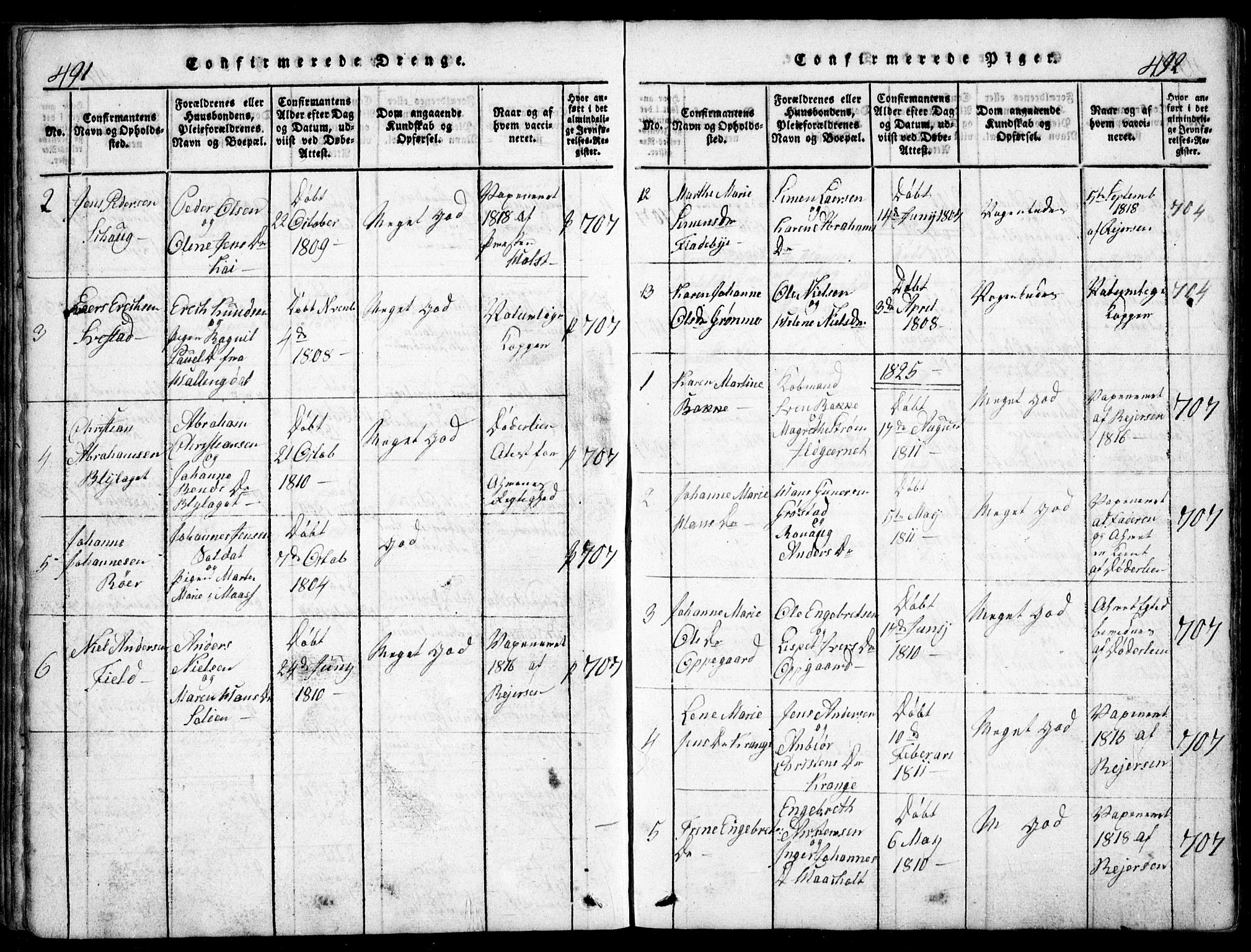 Nesodden prestekontor Kirkebøker, AV/SAO-A-10013/G/Ga/L0001: Parish register (copy) no. I 1, 1814-1847, p. 491-492