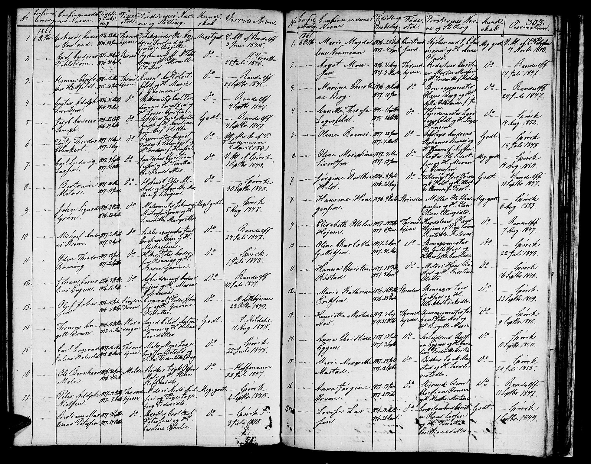 Ministerialprotokoller, klokkerbøker og fødselsregistre - Sør-Trøndelag, AV/SAT-A-1456/601/L0070: Curate's parish register no. 601B03, 1821-1881, p. 303