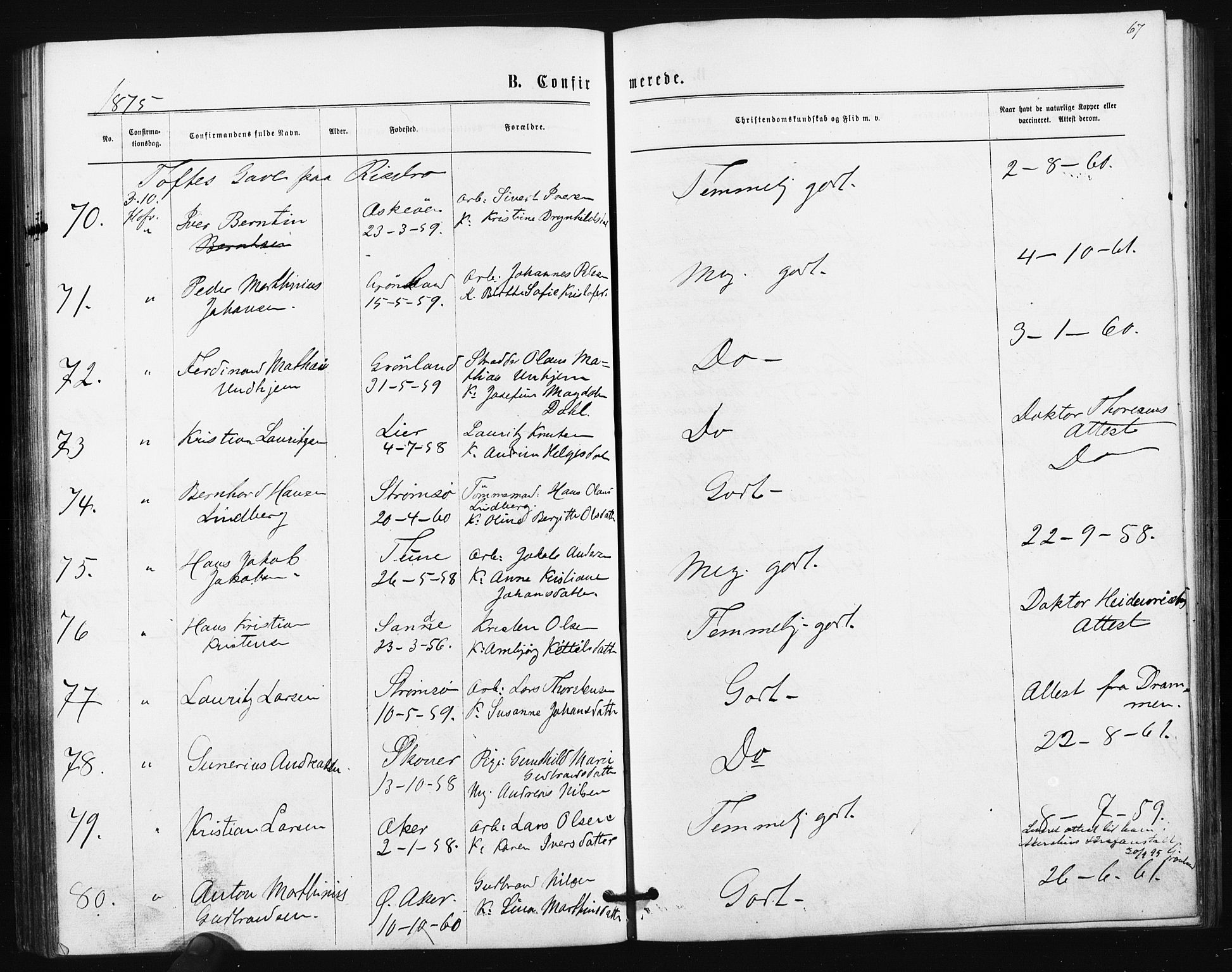Ullensaker prestekontor Kirkebøker, SAO/A-10236a/F/Fa/L0017: Parish register (official) no. I 17, 1871-1875, p. 67