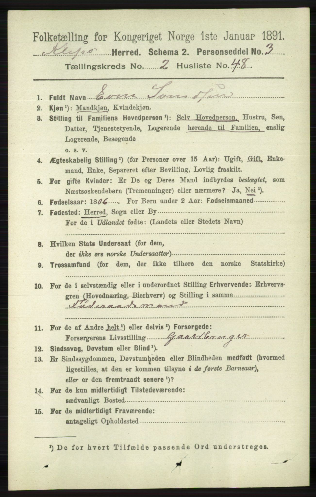 RA, 1891 census for 1120 Klepp, 1891, p. 587